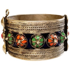 Vintage Moroccan Sterling Silver and Enamel Berber Kabyle Hinged Bracelet