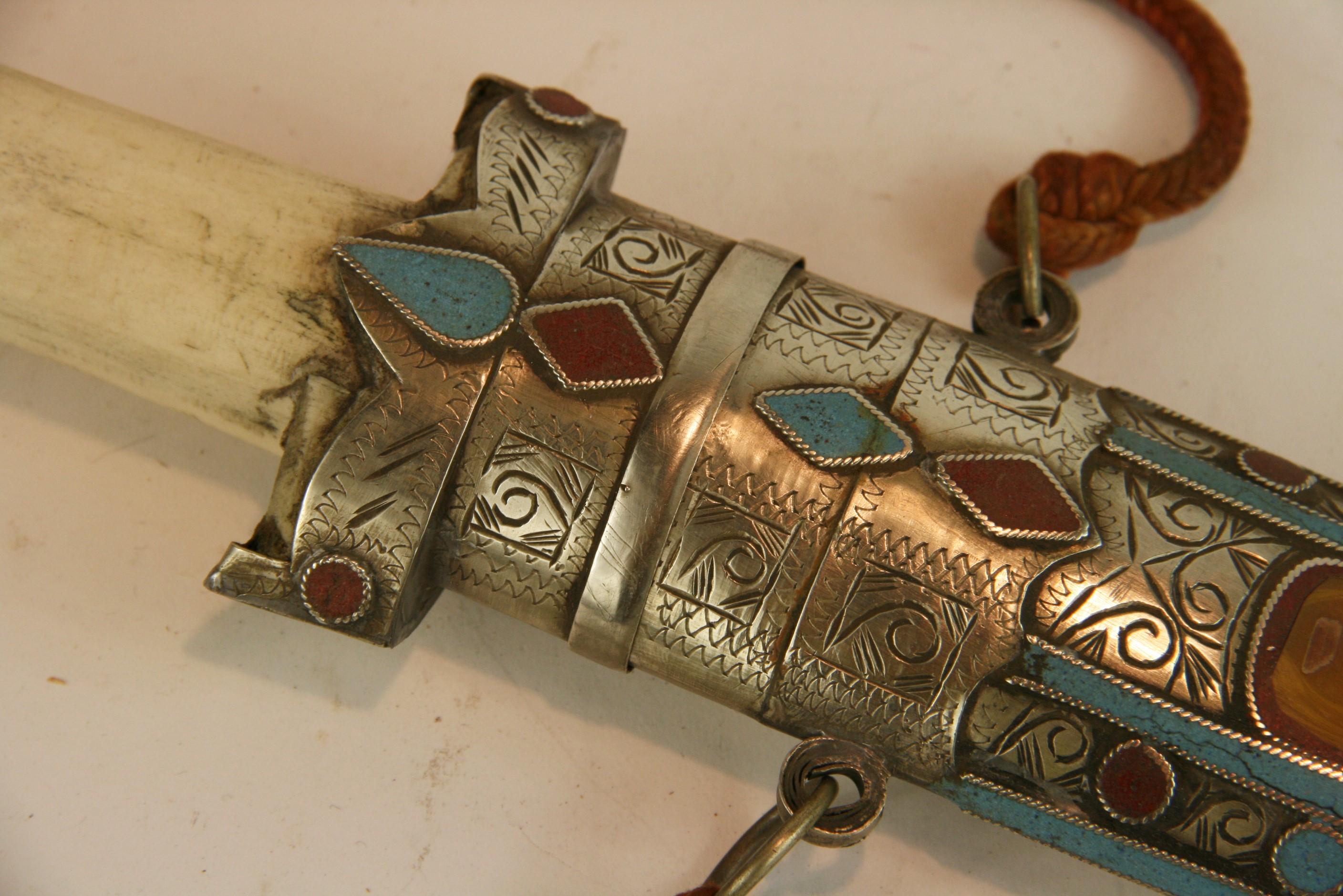 Early 20th Century Moroccan Stone Encrusted Silver and Bone Dagger For Sale