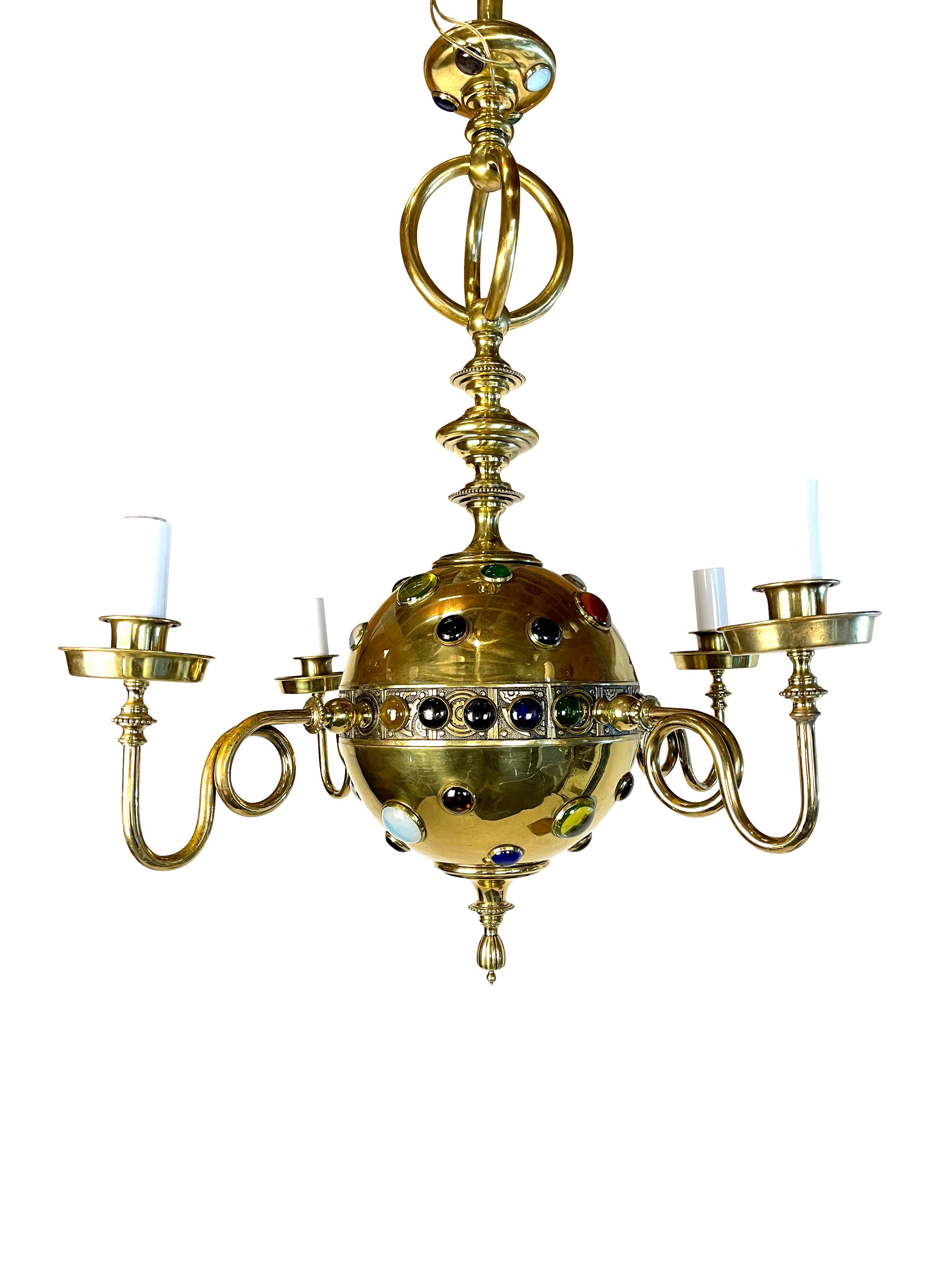 XX secolo Lampadario in ottone in stile marocchino con pietre colorate in vendita
