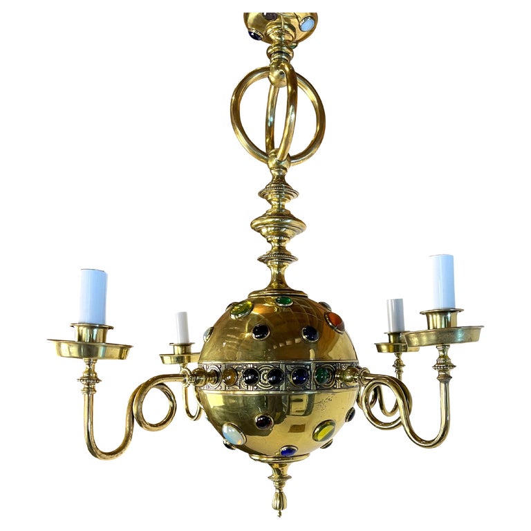 Brass Moroccan Style Chandelier with Colored Stones For Sale at 1stDibs