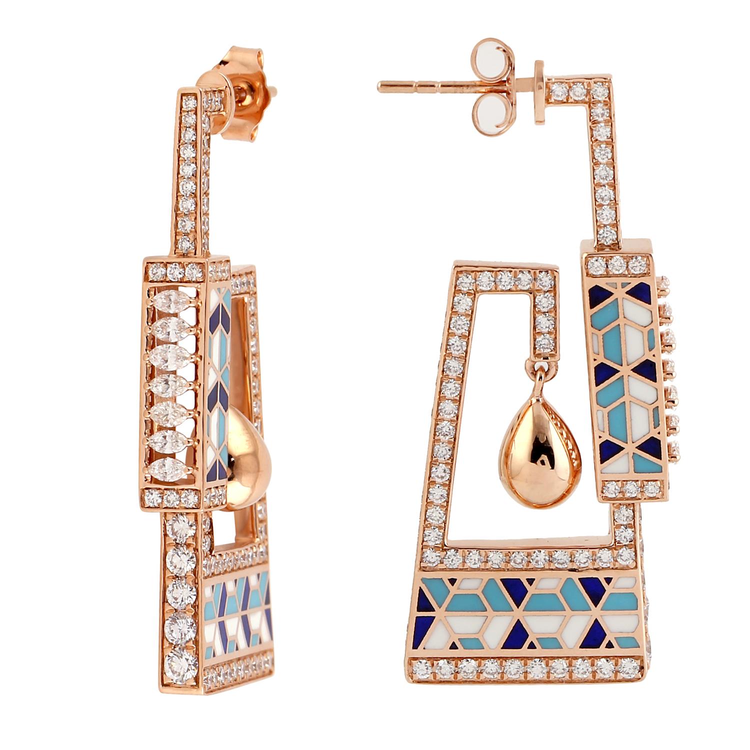 Art Deco Moroccan Style Ceramic Tile Inlay Work on Unique Architectural Design Earrings For Sale