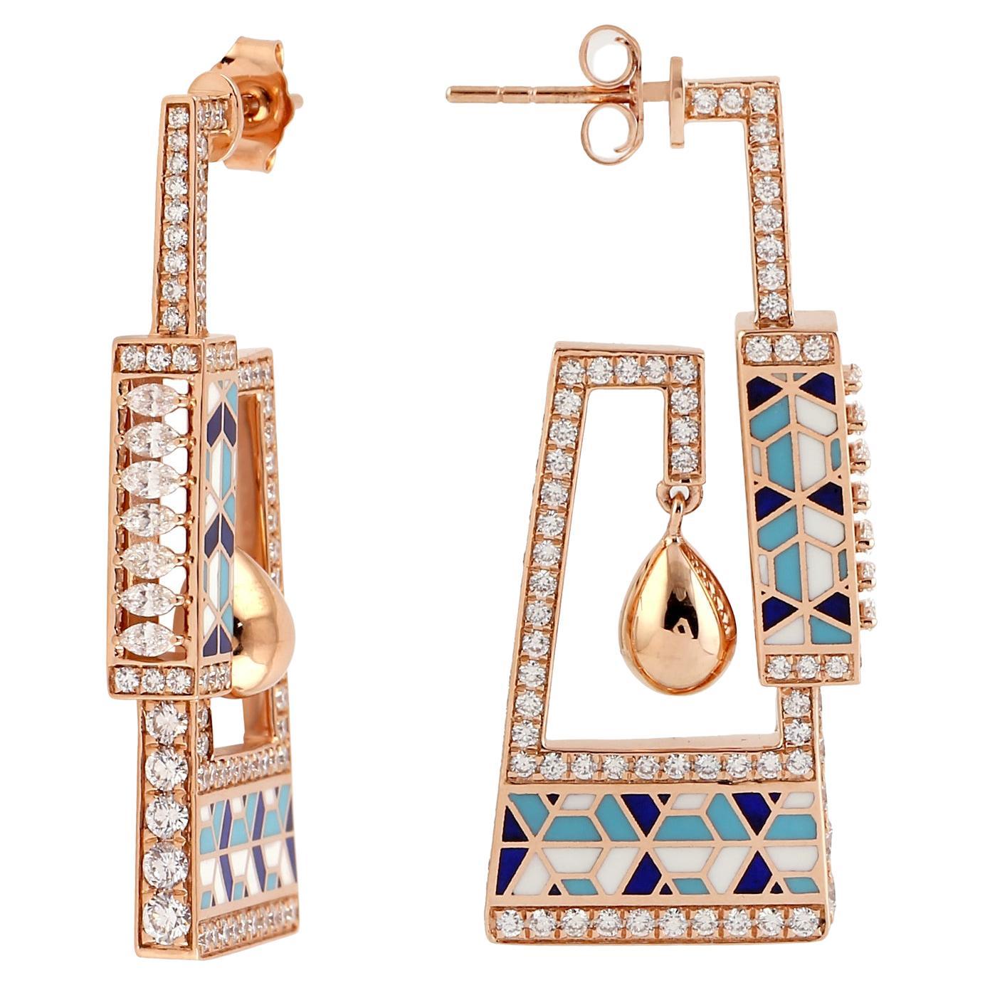 Moroccan Style Ceramic Tile Inlay Work on Unique Architectural Design Earrings For Sale