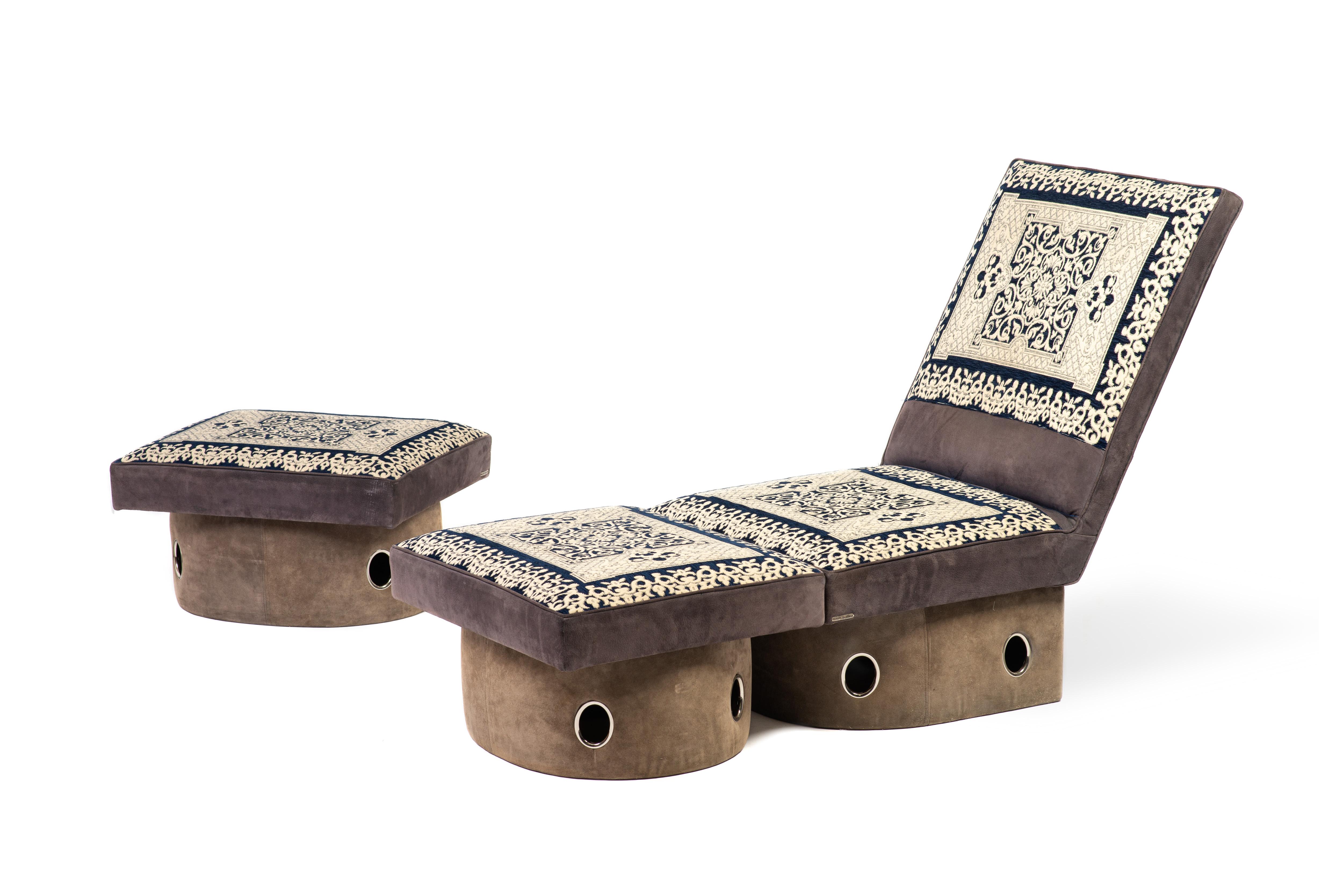 1960s chaise longue by Mauri Telerma. Two ottomans separate to create a separate low chair and two footstools.
In the original fabric, these reflect a Moroccan design but originate in Italy. 
The pieces show little sign of wear considering their