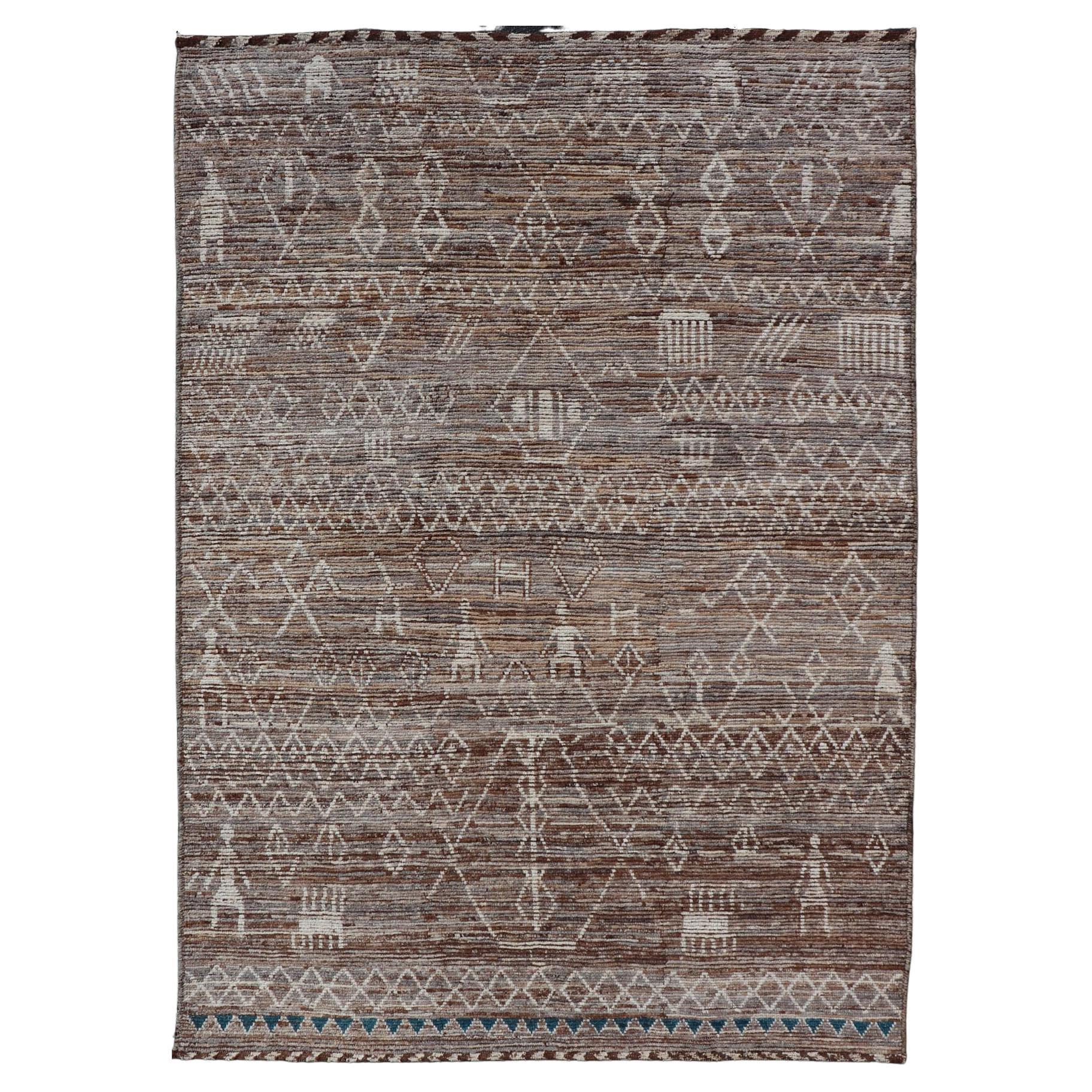 Moroccan Style Distressed Modern Rug in Diamond Design in Earthy Tones For Sale