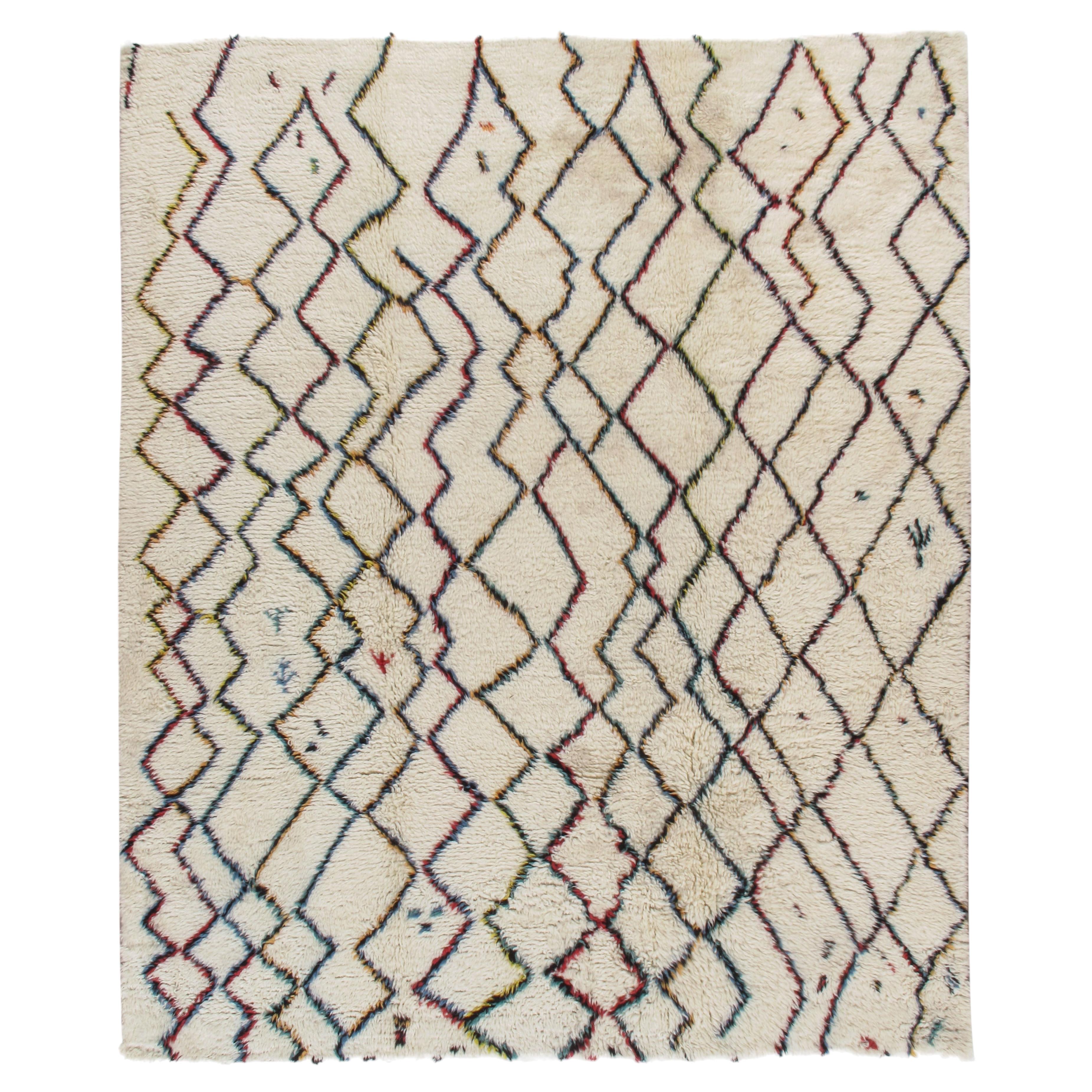 Moroccan Style Fluffy Cream Hand-Knotted Wool Rug, 8'8"x9'10" For Sale