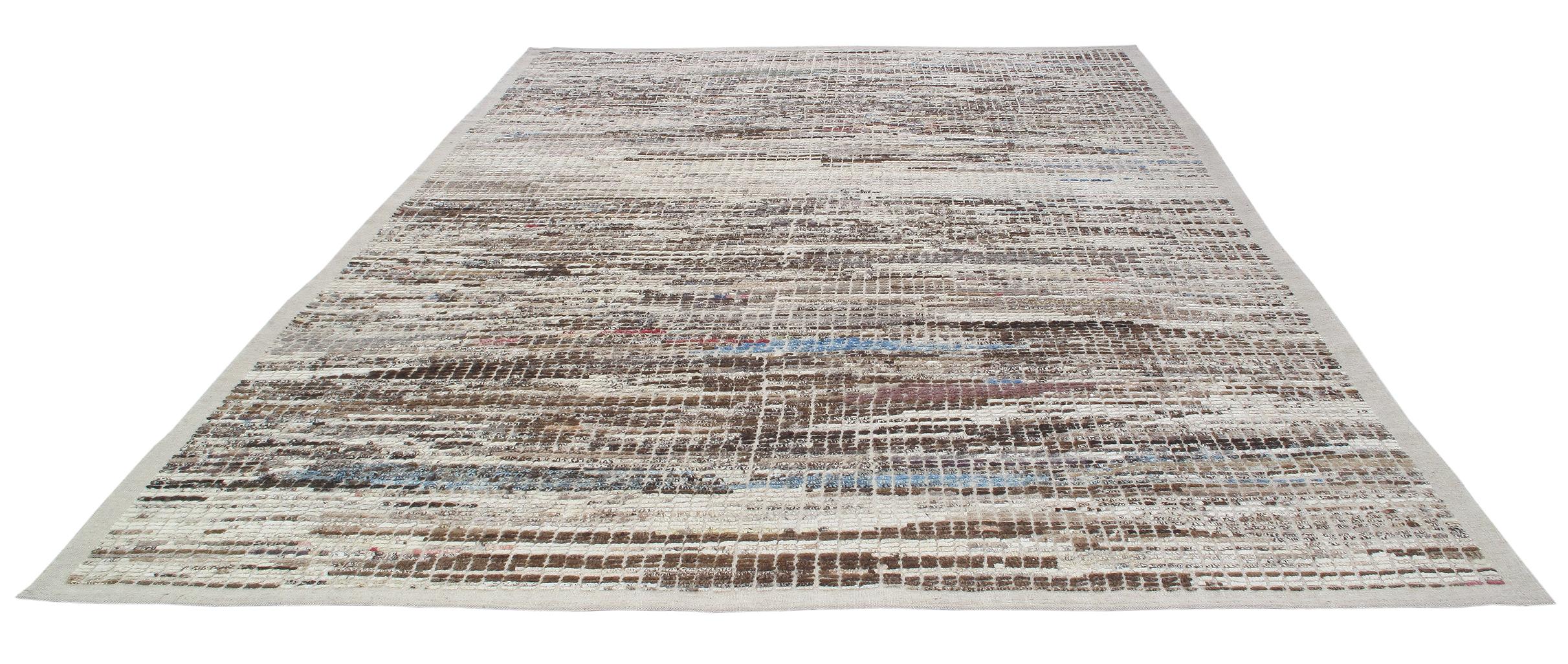 Tribal Moroccan Style Handknotted Textured Grey/Brown Rug with Multicolor Accents For Sale
