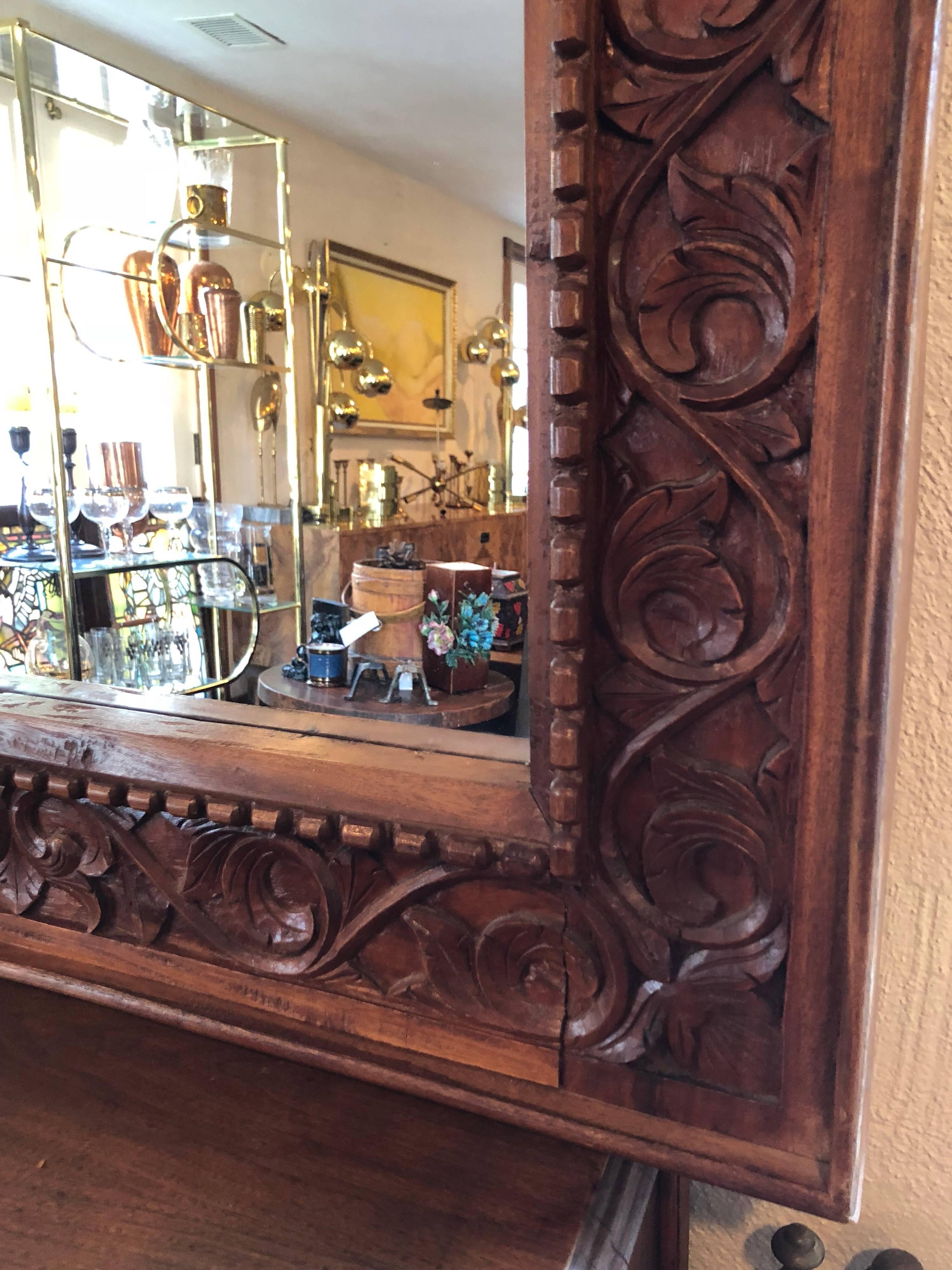 Moroccan Style Heavily Carved Wooden Mirror In Good Condition In Redding, CT