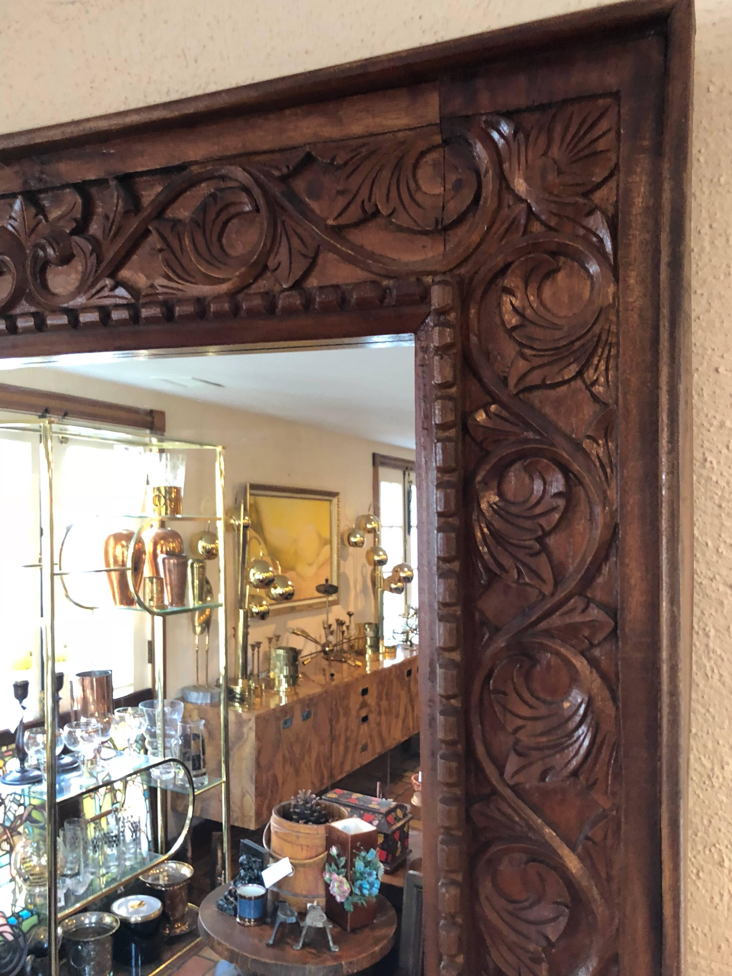 Late 20th Century Moroccan Style Heavily Carved Wooden Mirror