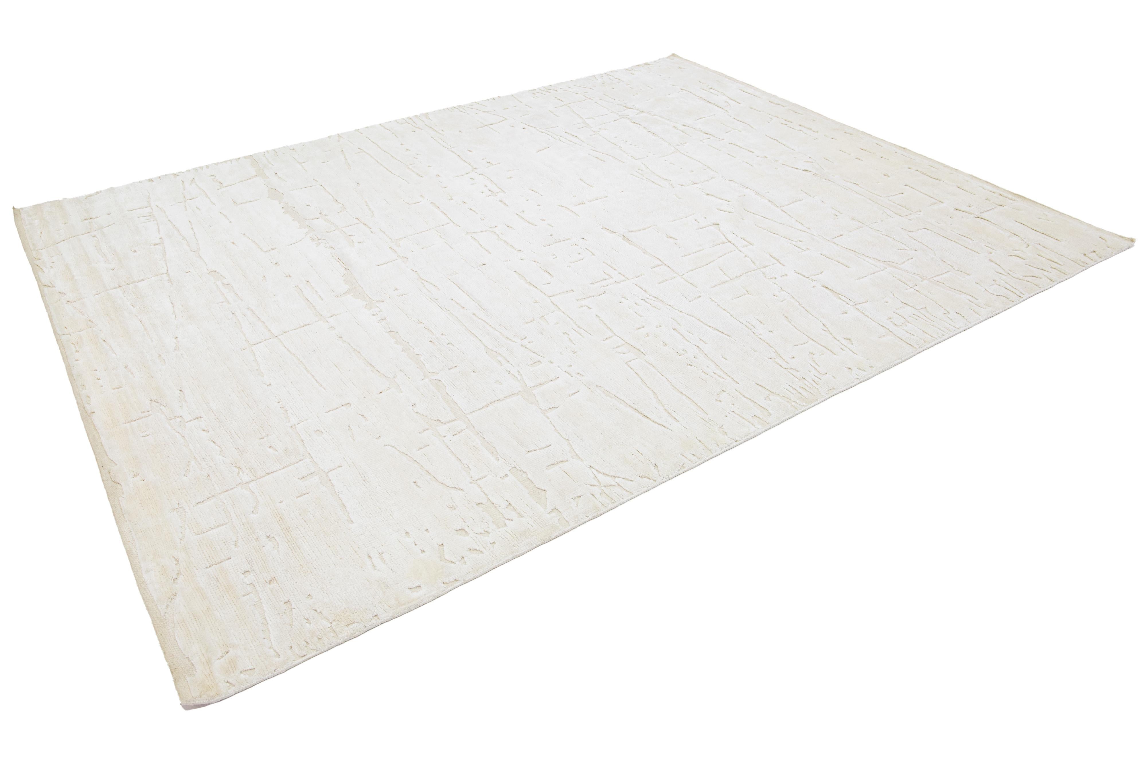 Contemporary Moroccan Style Ivory Handmade Wool Rug With Abstract Pattern For Sale