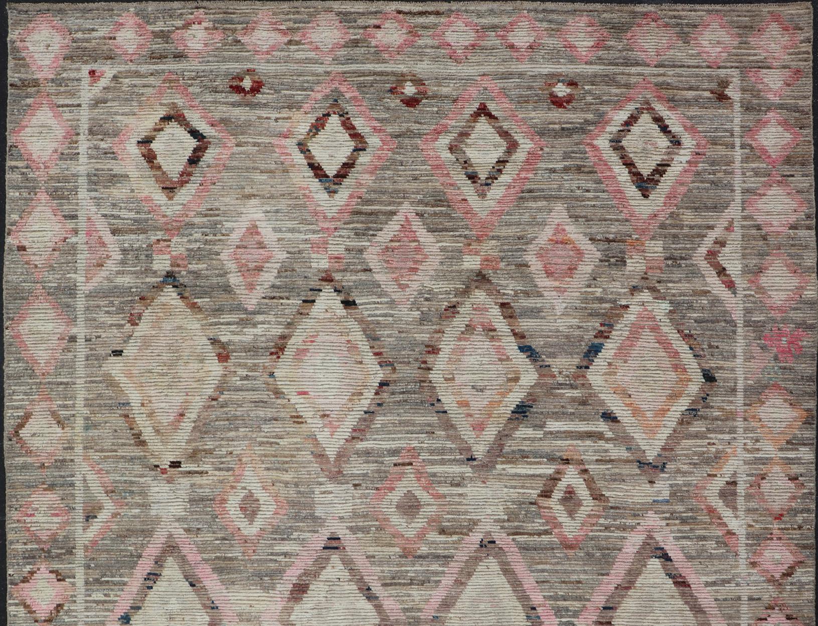 Moroccan Style Modern Hand Knotted Rug in Tribal Design in Brown's, Pink, Gray For Sale 3