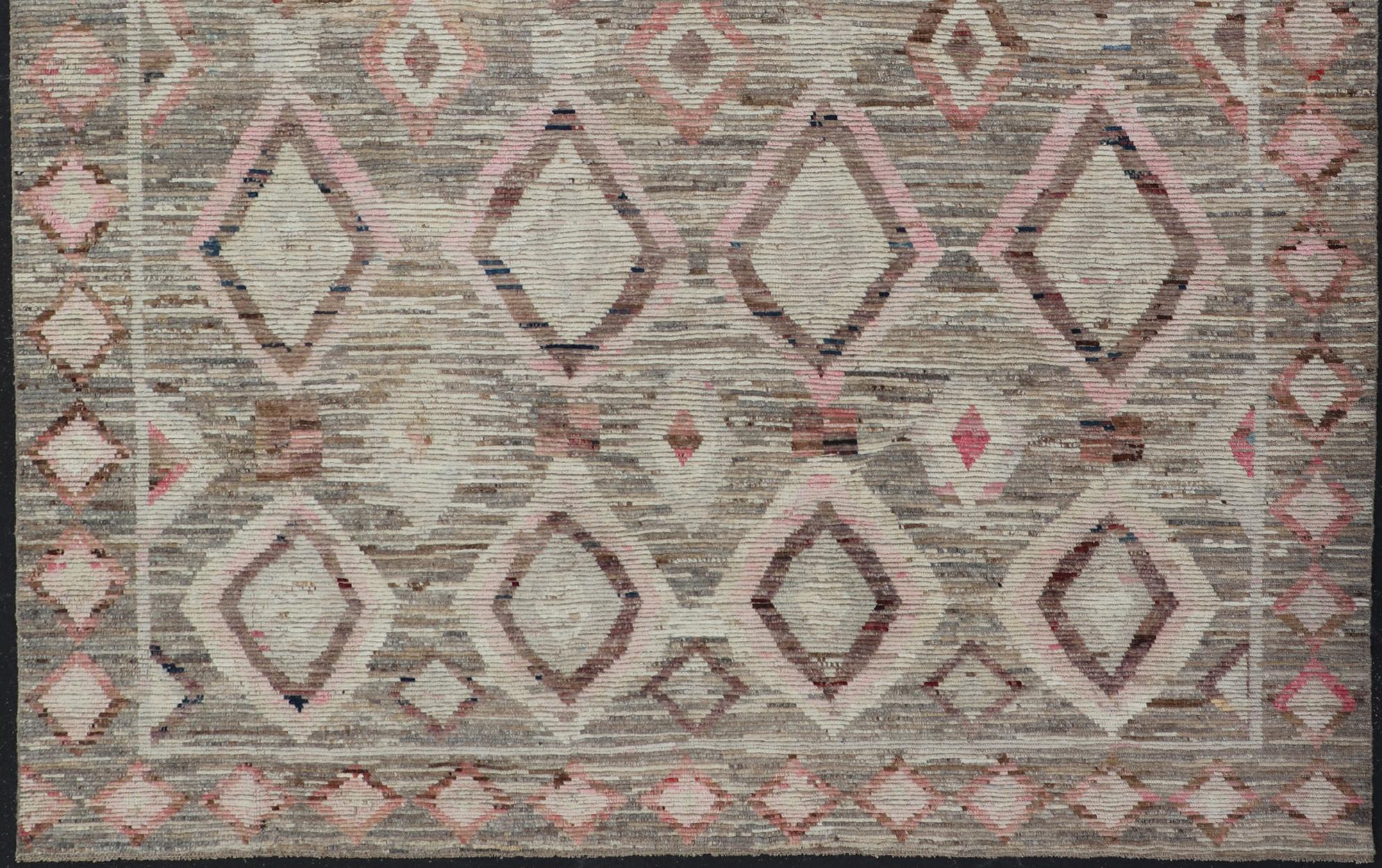 Moroccan Style Modern Hand Knotted Rug in Tribal Design in Brown's, Pink, Gray For Sale 5