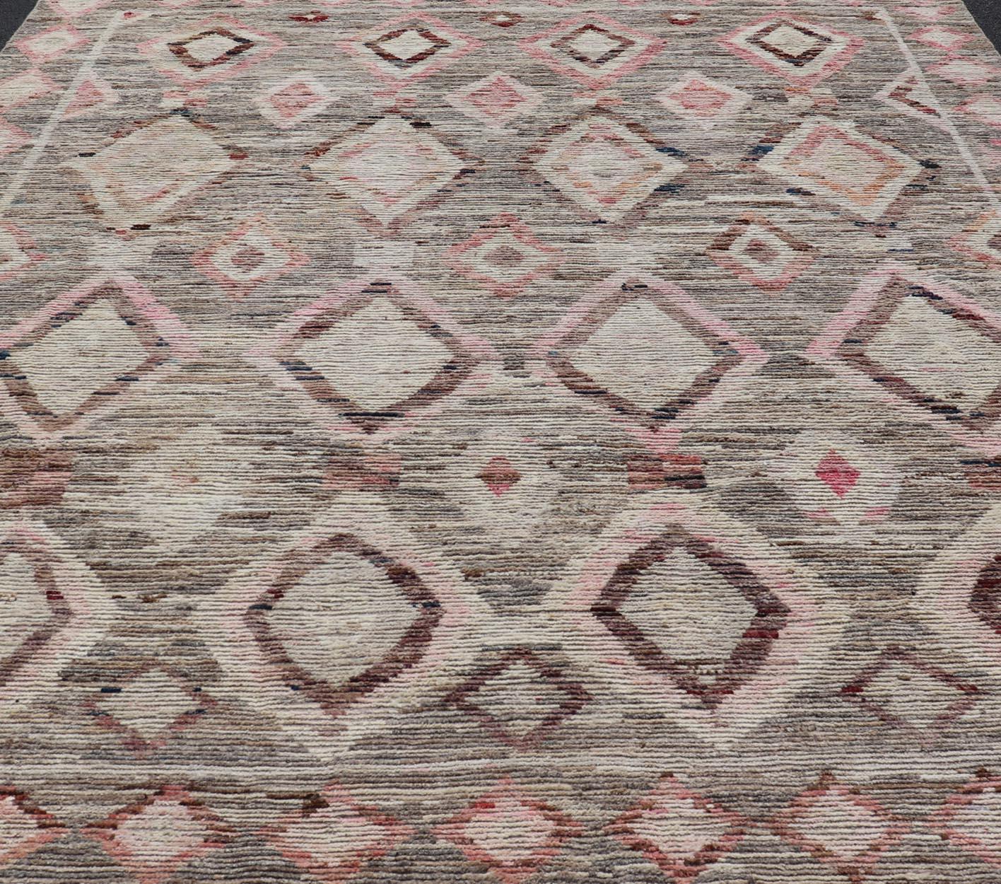 Moroccan Style Modern Hand Knotted Rug In Tribal Design In Brown's, Pink, Gray. Keivan Woven Arts; rug AAR-1002, country of origin / type: Afghanistan / Modern Casual, circa early-21th century.
Measures: 10'3 x 13'5 
This modern casual tribal large