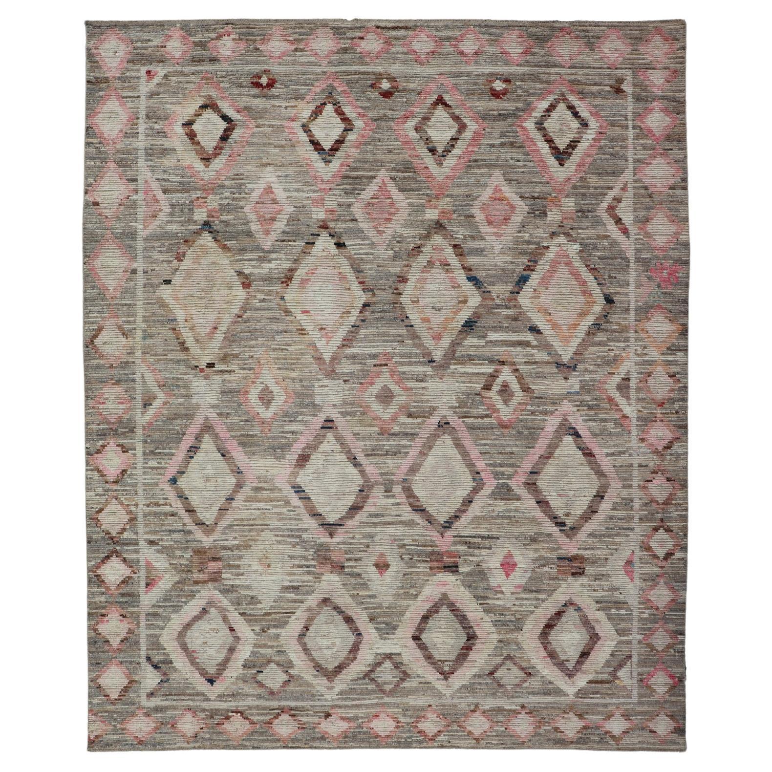 Moroccan Style Modern Hand Knotted Rug in Tribal Design in Brown's, Pink, Gray For Sale