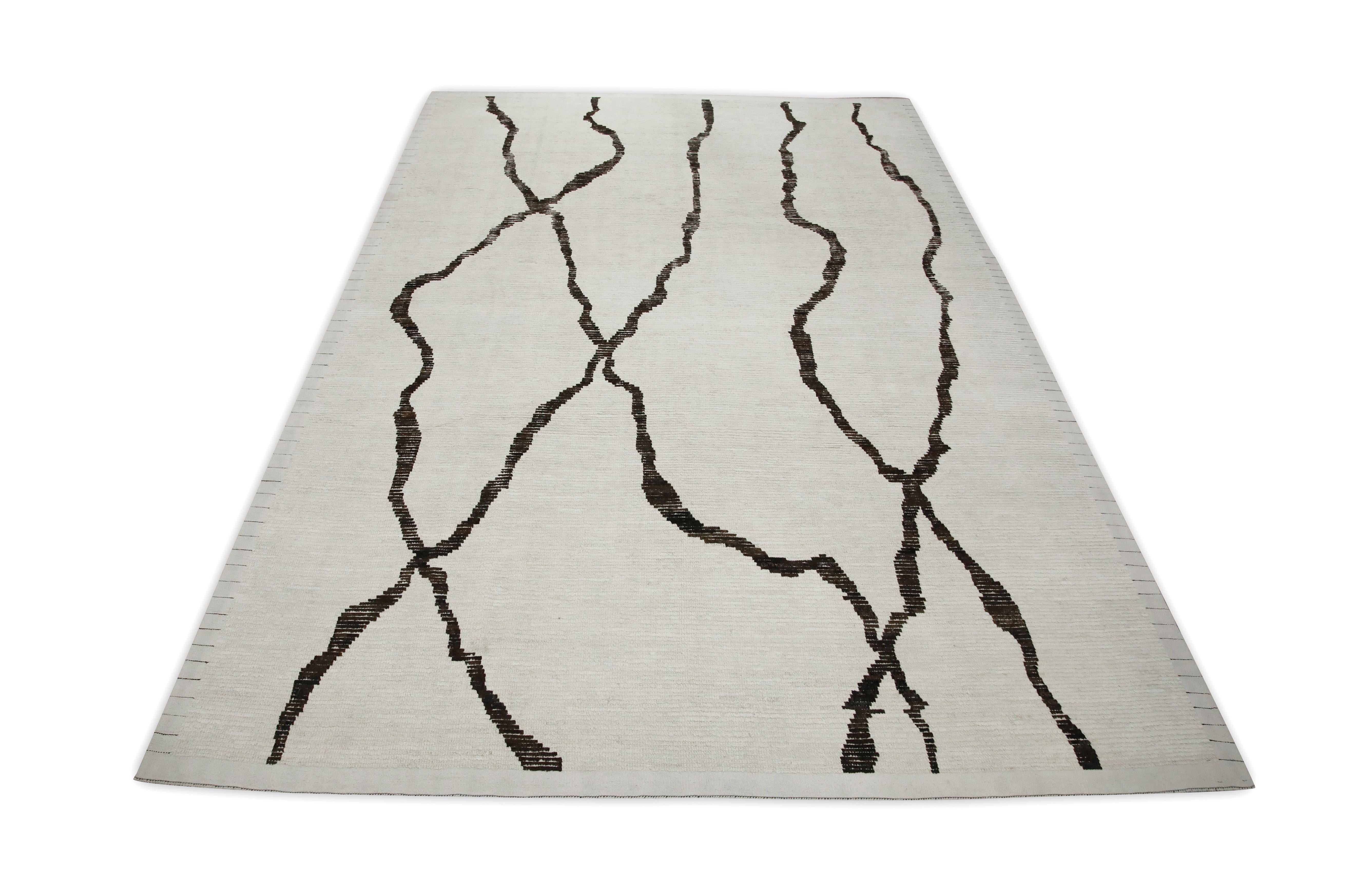 Tappeto in lana marrone e beige fatto a mano in stile marocchino moderno 8'10