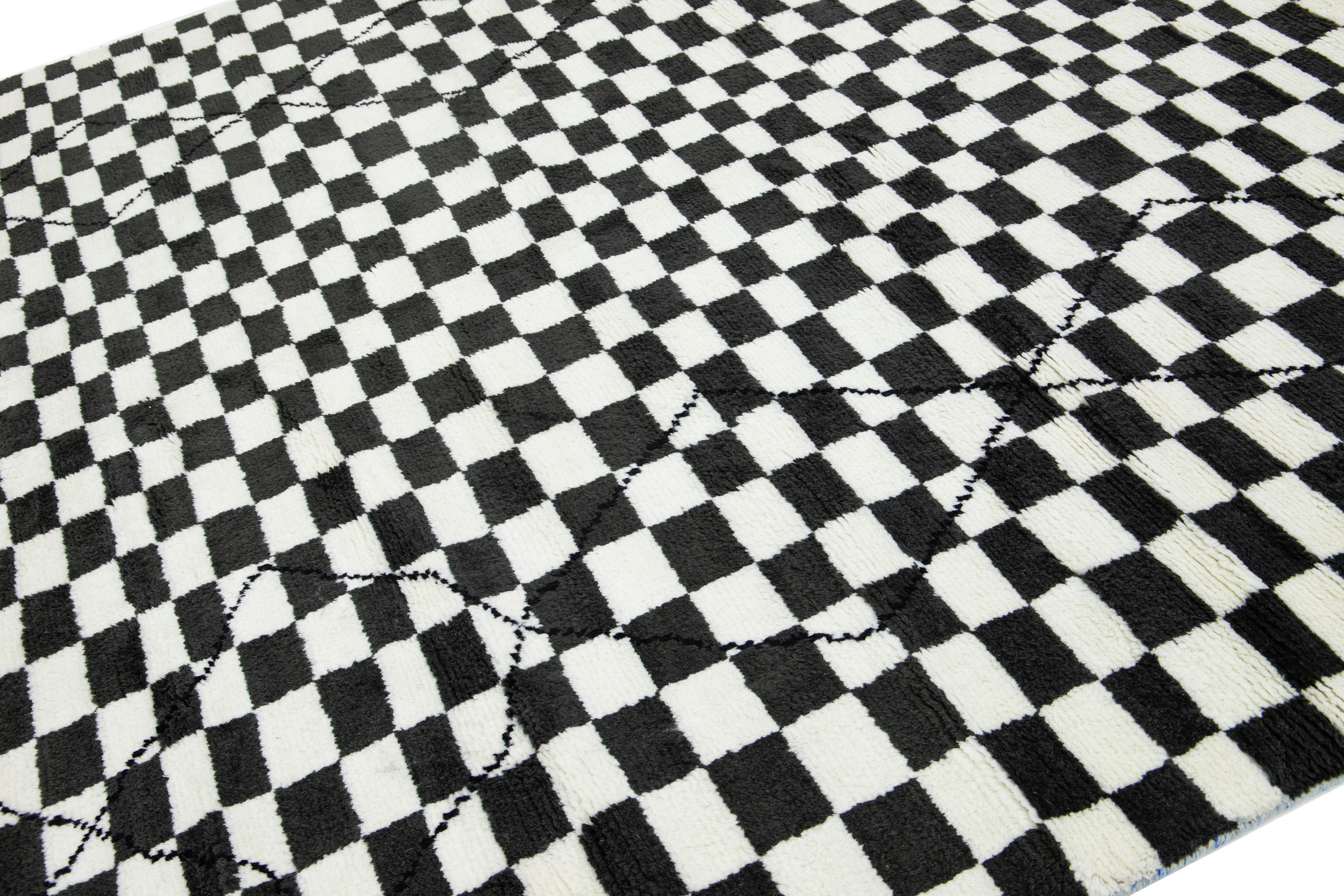 Hand-Knotted Moroccan-Style Modern Wool Rug With Checker Pattern In Black & White by Apadana For Sale