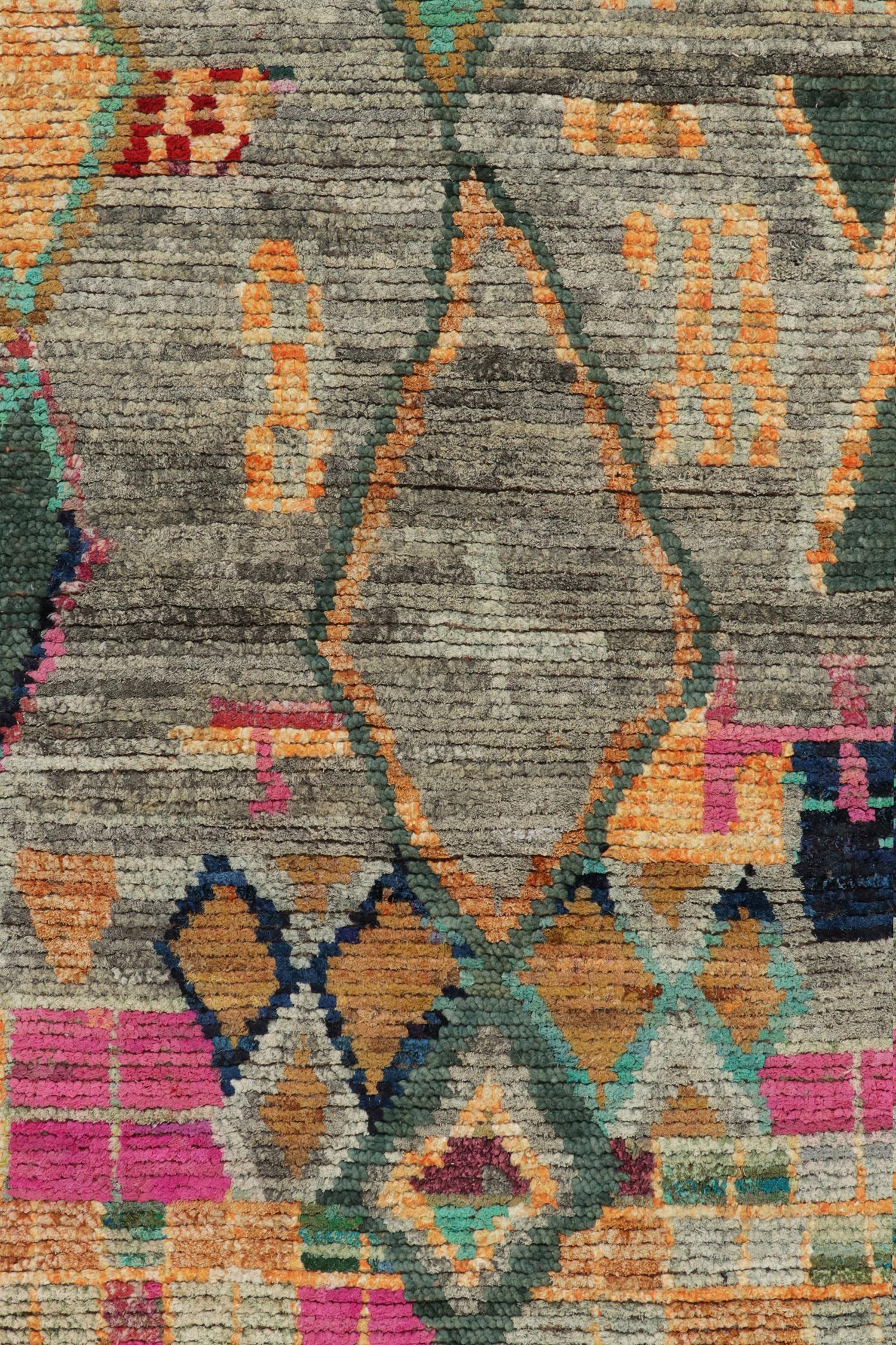 Hand-Knotted Rug & Kilim's Moroccan Style Rug in Gray, Green and Gold Geometric Pattern For Sale