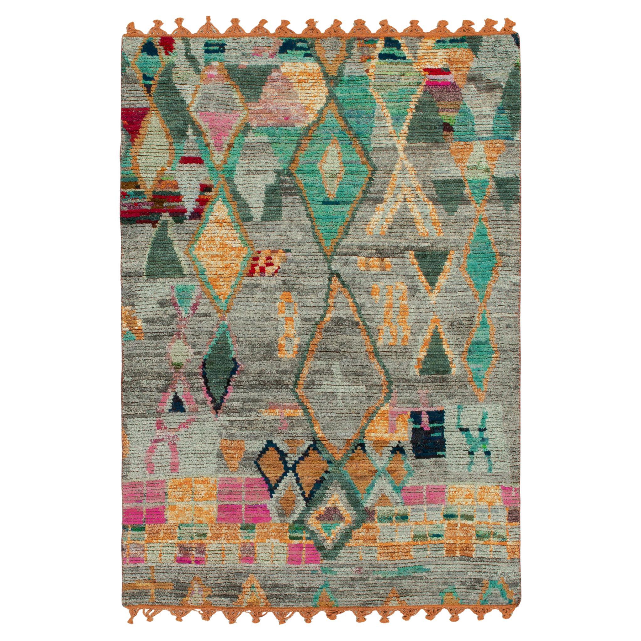 Rug & Kilim's Moroccan Style Rug in Gray, Green and Gold Geometric Pattern
