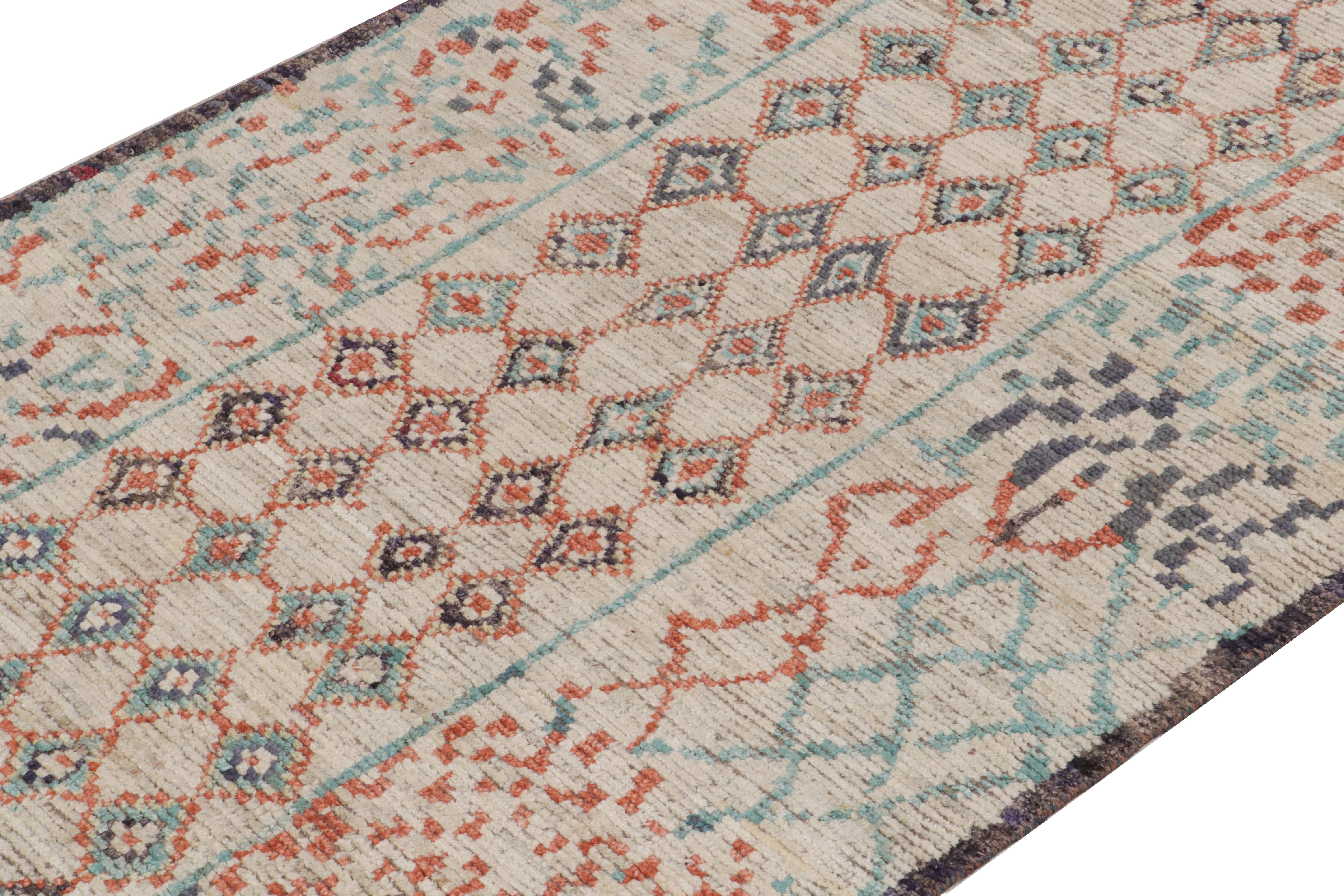 Indian Rug & Kilim's Moroccan Style Rug in Off-White, Red and Blue Geometric Pattern For Sale