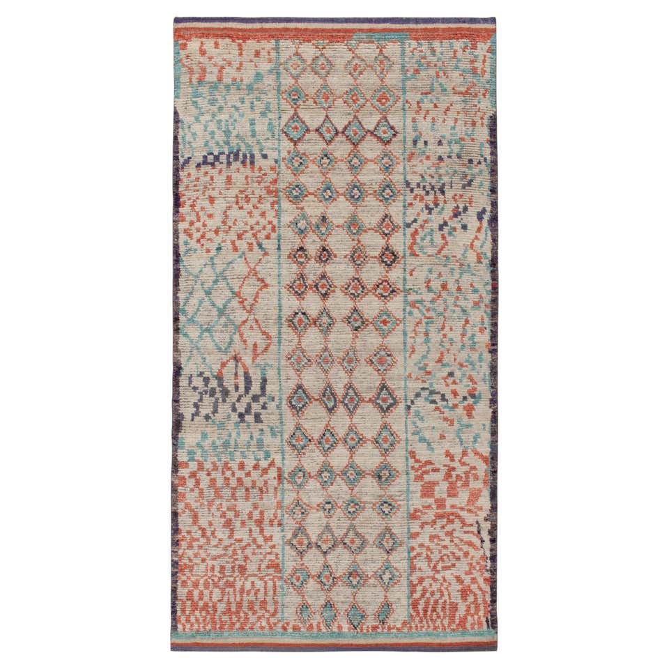Rug and Kilim’s Moroccan Style Rug in Blue with Red and White Diamond ...