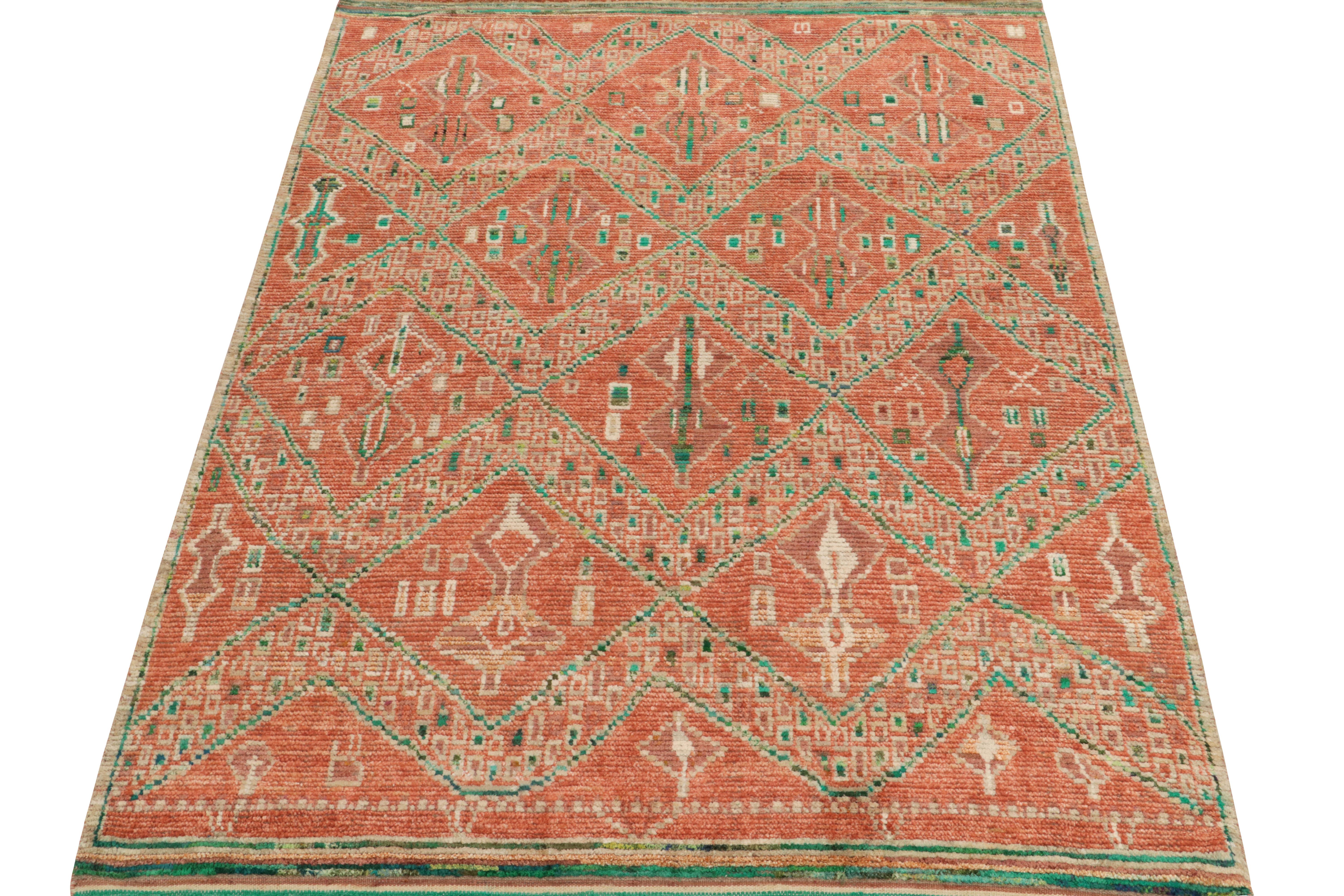 Hand-knotted in fine silk, a 6x9 Moroccan style piece from Rug & Kilim. The imaginative area rug enjoys scintillating pagination with chevrons culminating into diamond patterns idyllic to this style in rich tangerine & forest green tones. Marking