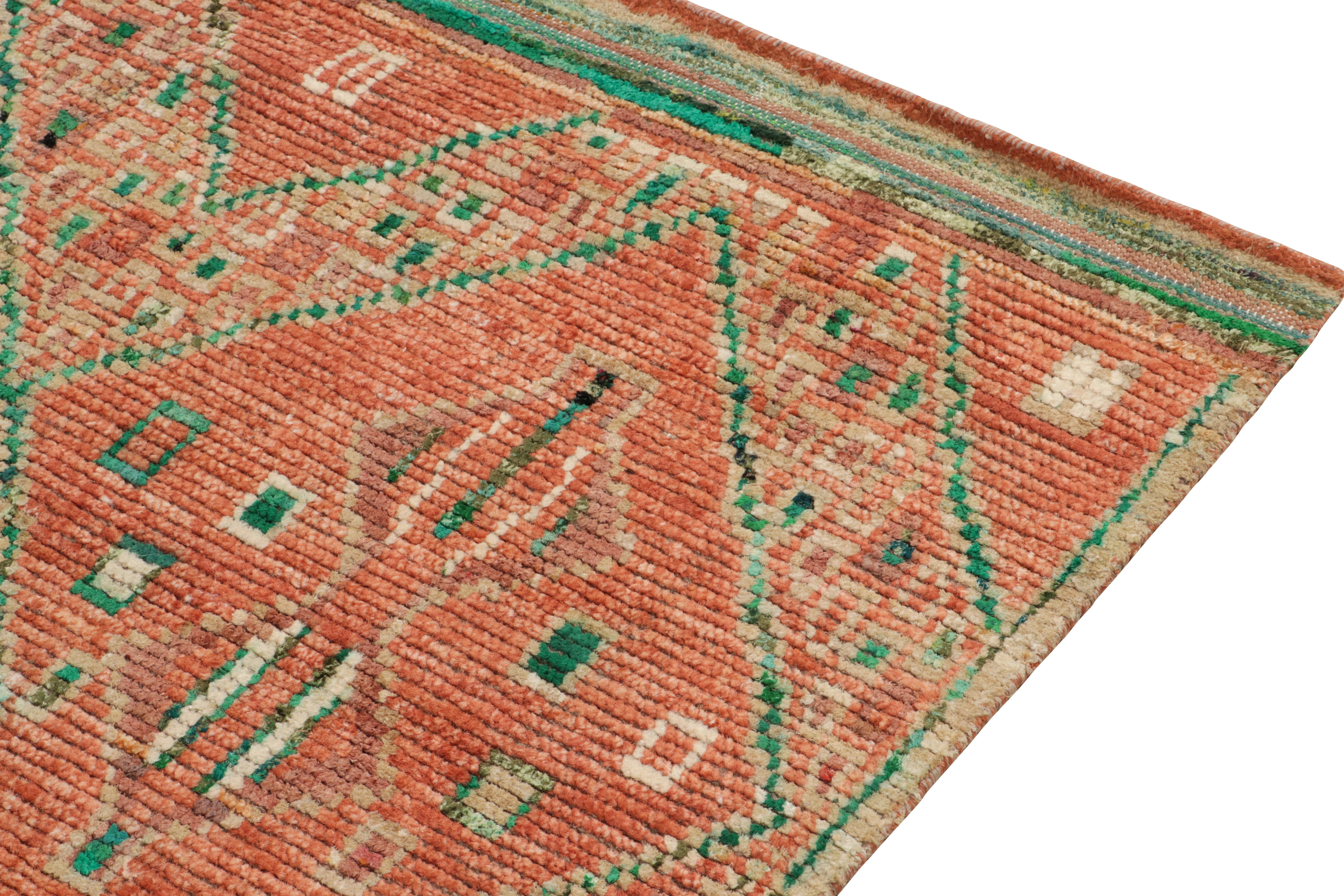Indian Rug & Kilim's Moroccan Style Rug in Orange & Green Geometric Pattern For Sale