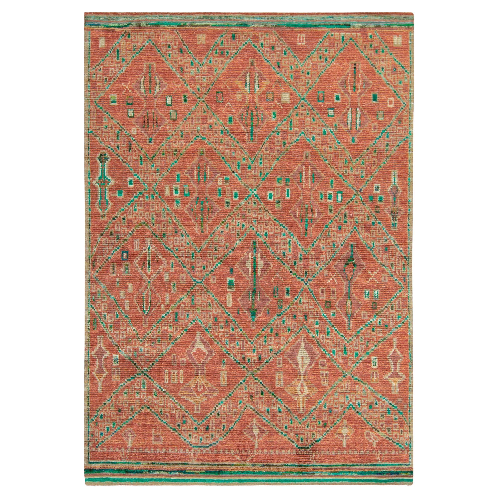 Rug & Kilim's Moroccan Style Rug in Orange & Green Geometric Pattern For Sale