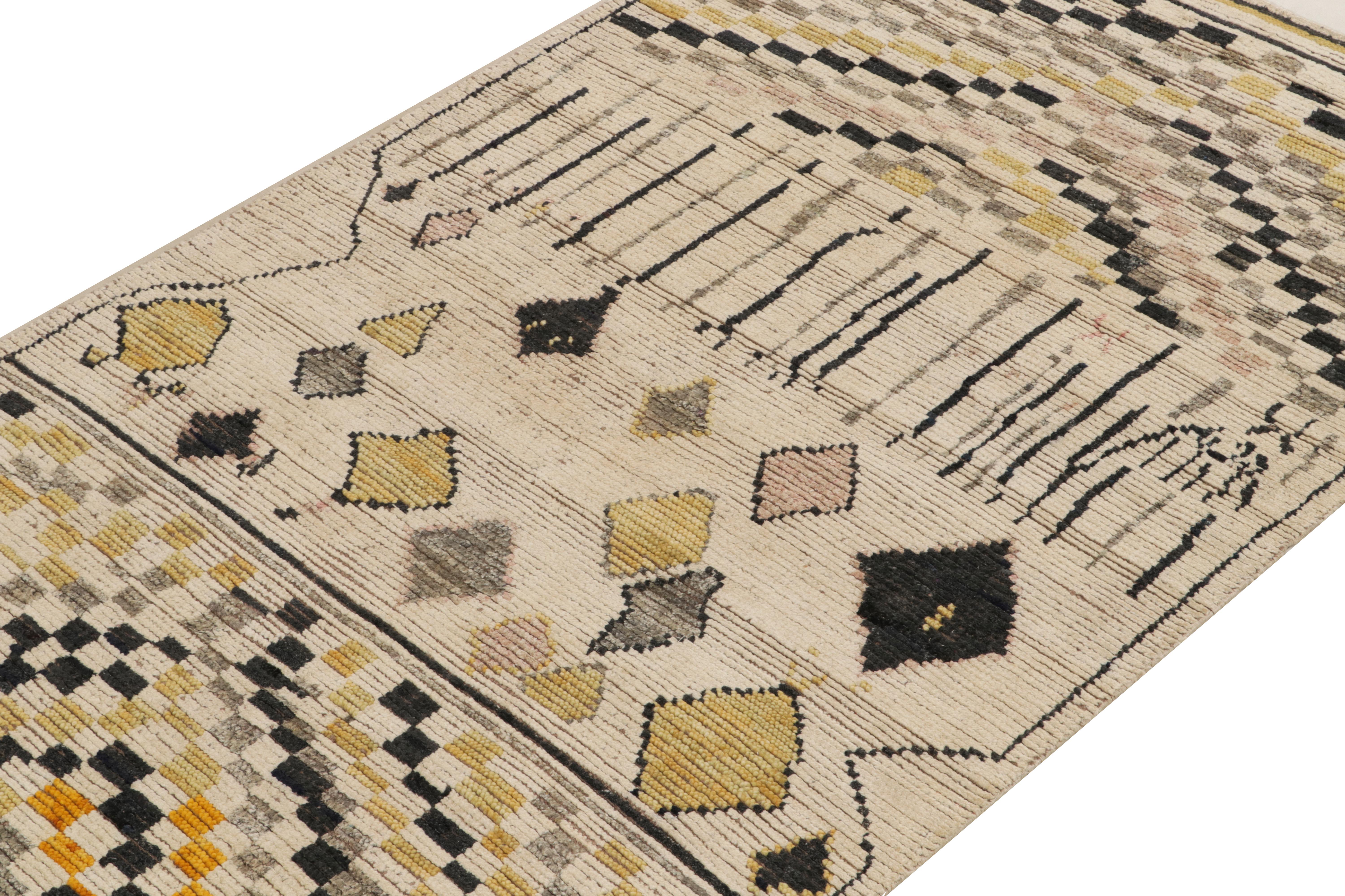 Indian Rug & Kilim's Moroccan Style Rug in White, Gold, Black Geometric Pattern For Sale