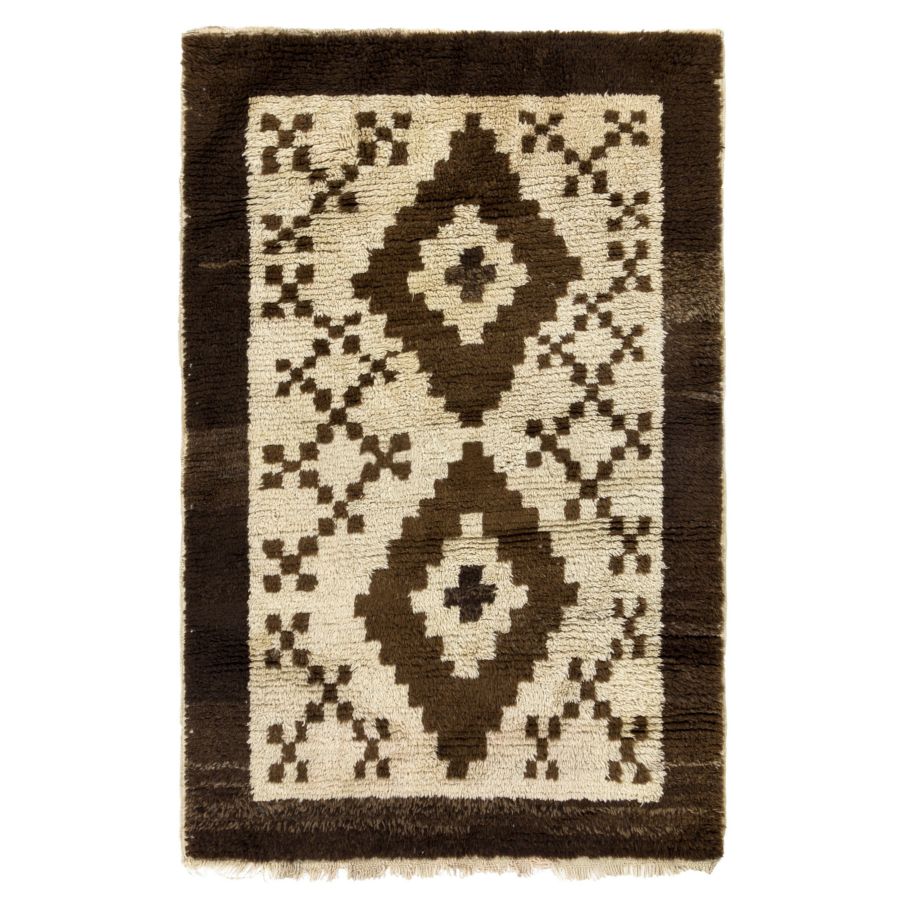 Moroccan style Rug Made of Brown and Beige Wool. Hand-knotted Beni Ourain Carpet