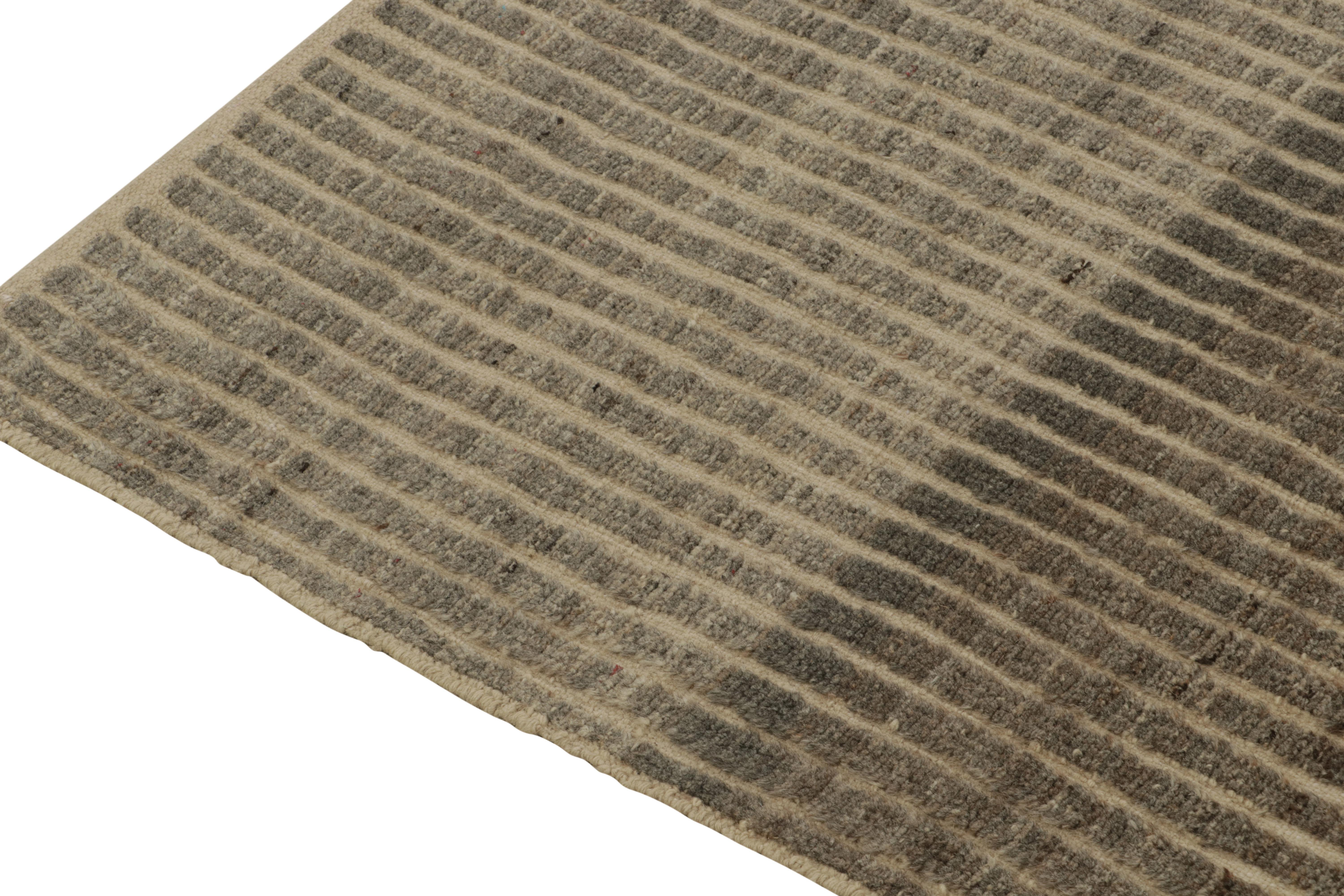 Hand-Knotted Rug & Kilim's Moroccan Style Runner in Beige-Brown, Gray Stripe Pattern For Sale