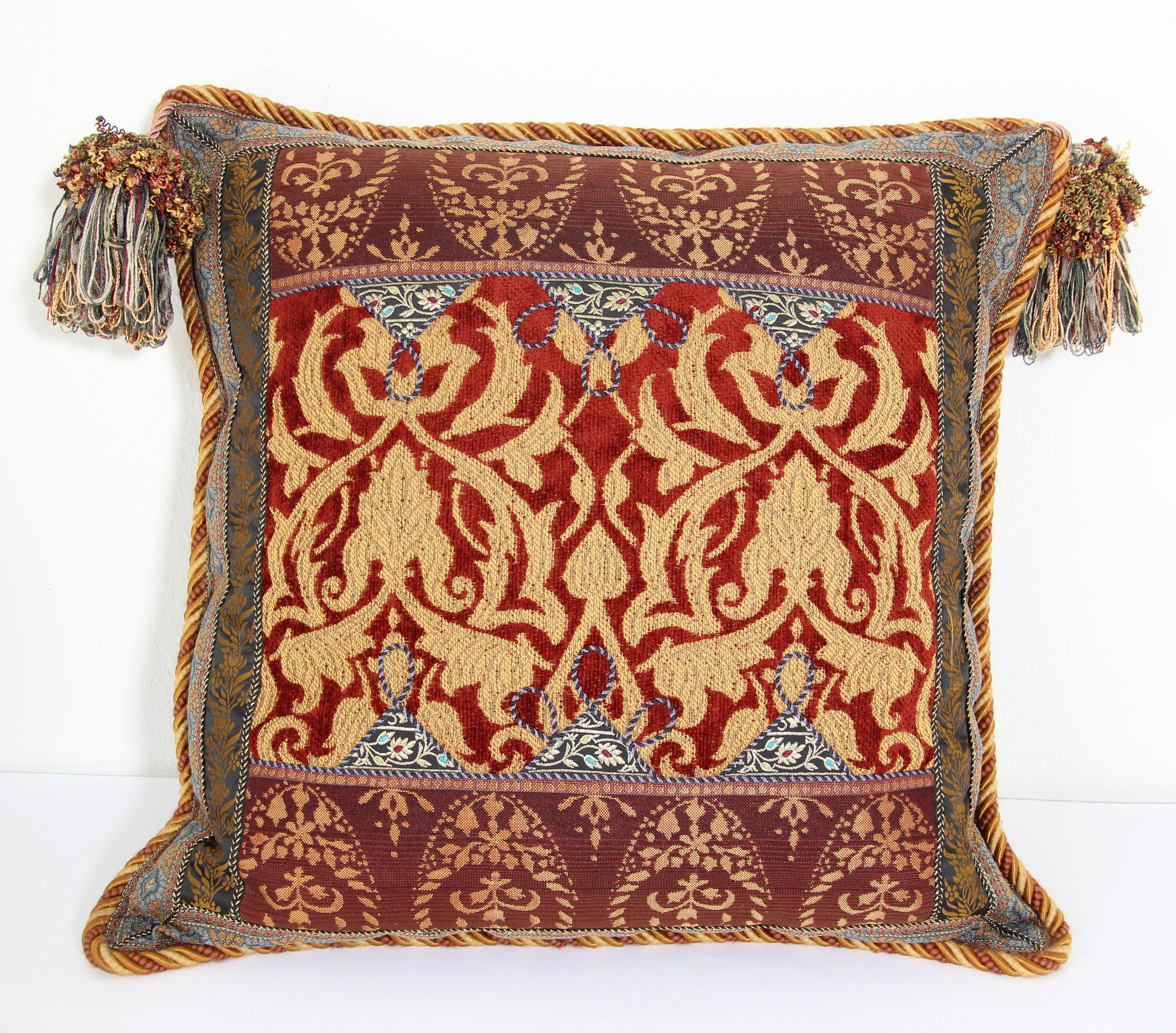Middle Eastern Moorish decorative throw pillow and tapestry.
Luxury silk velvet textile fragment in Venetian Fortuny style fabric in red and blue with decorative silk trim applied to finish the edges.
Blue Moorish arches embroidery decorated with