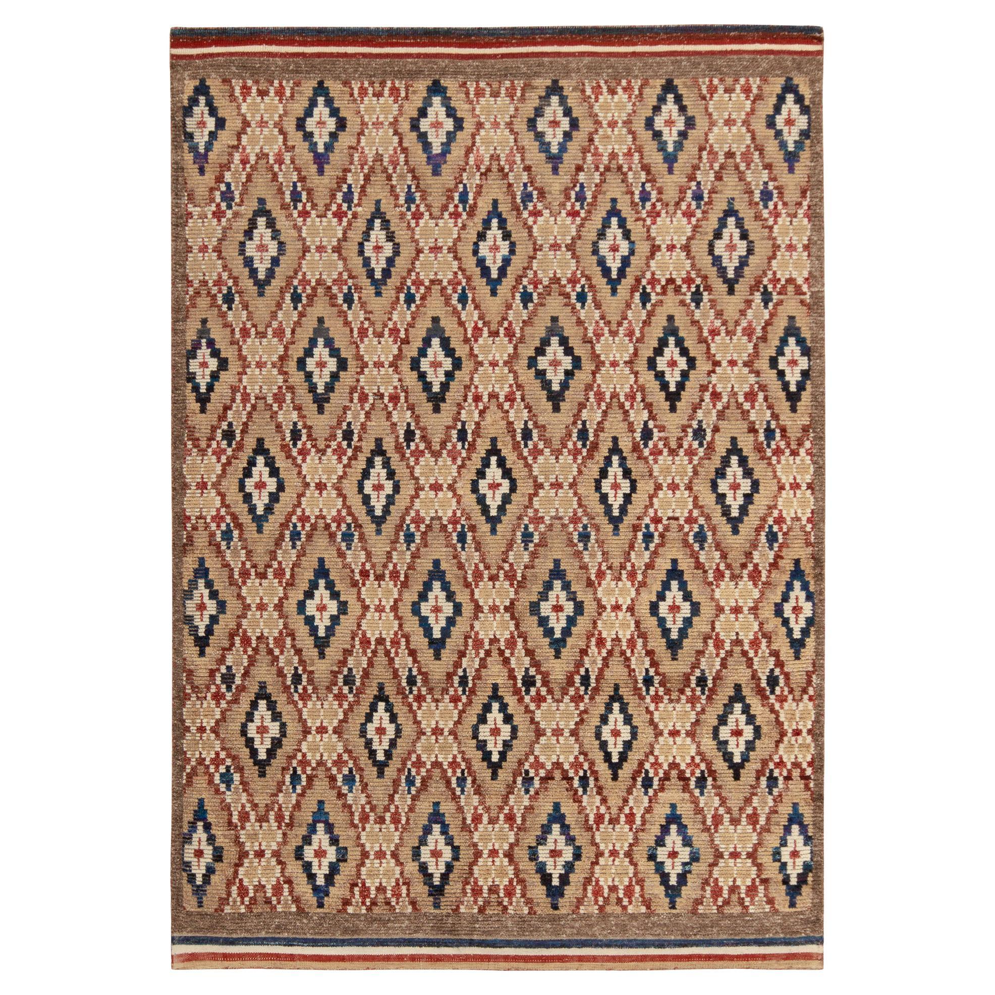 Rug & Kilim's Moroccan Style Rug in Beige-Brown, Red and Blue Diamond Patterns For Sale