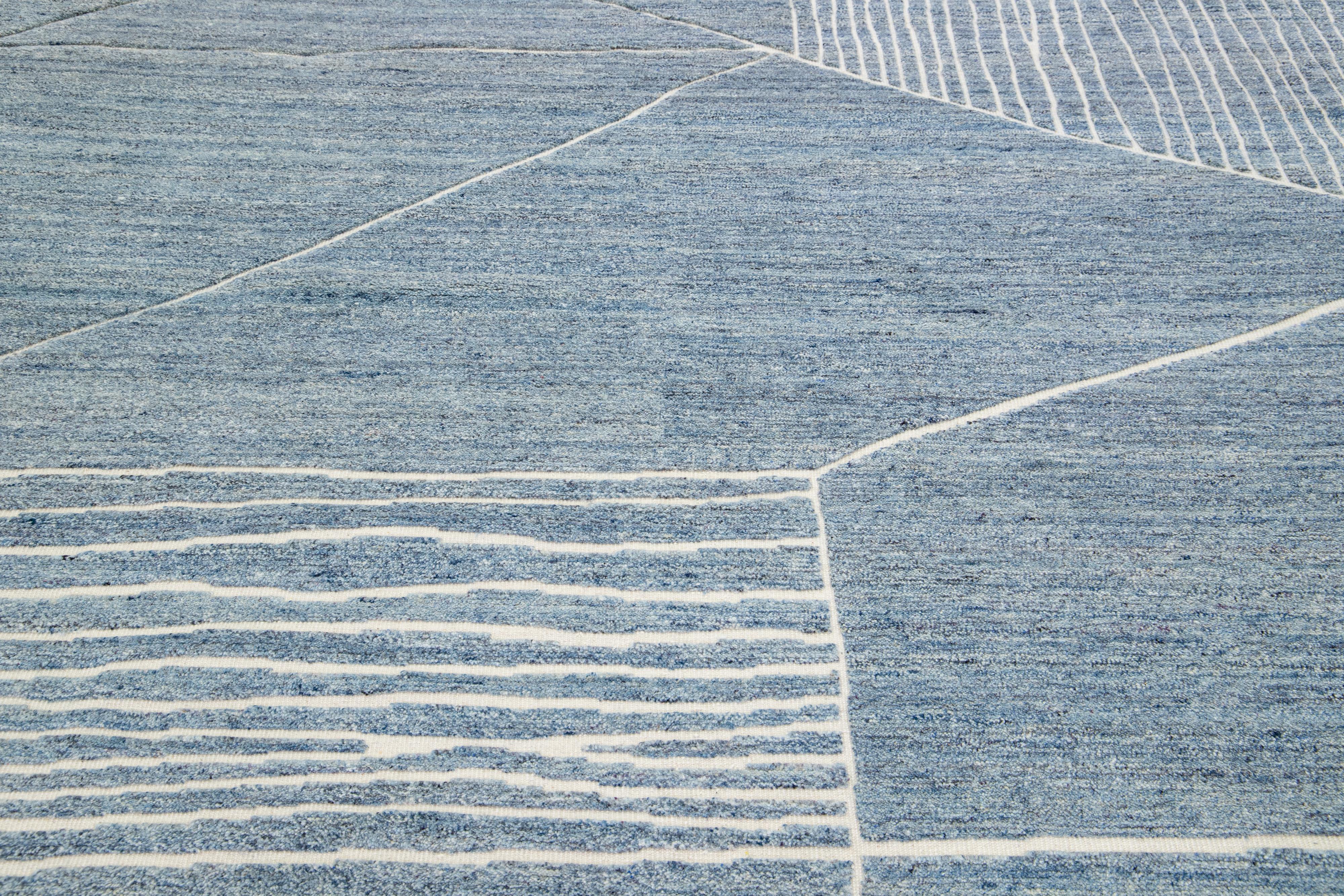 Contemporary Moroccan Style Wool Rug Handmade With Geometric Blue Field By Apadana For Sale
