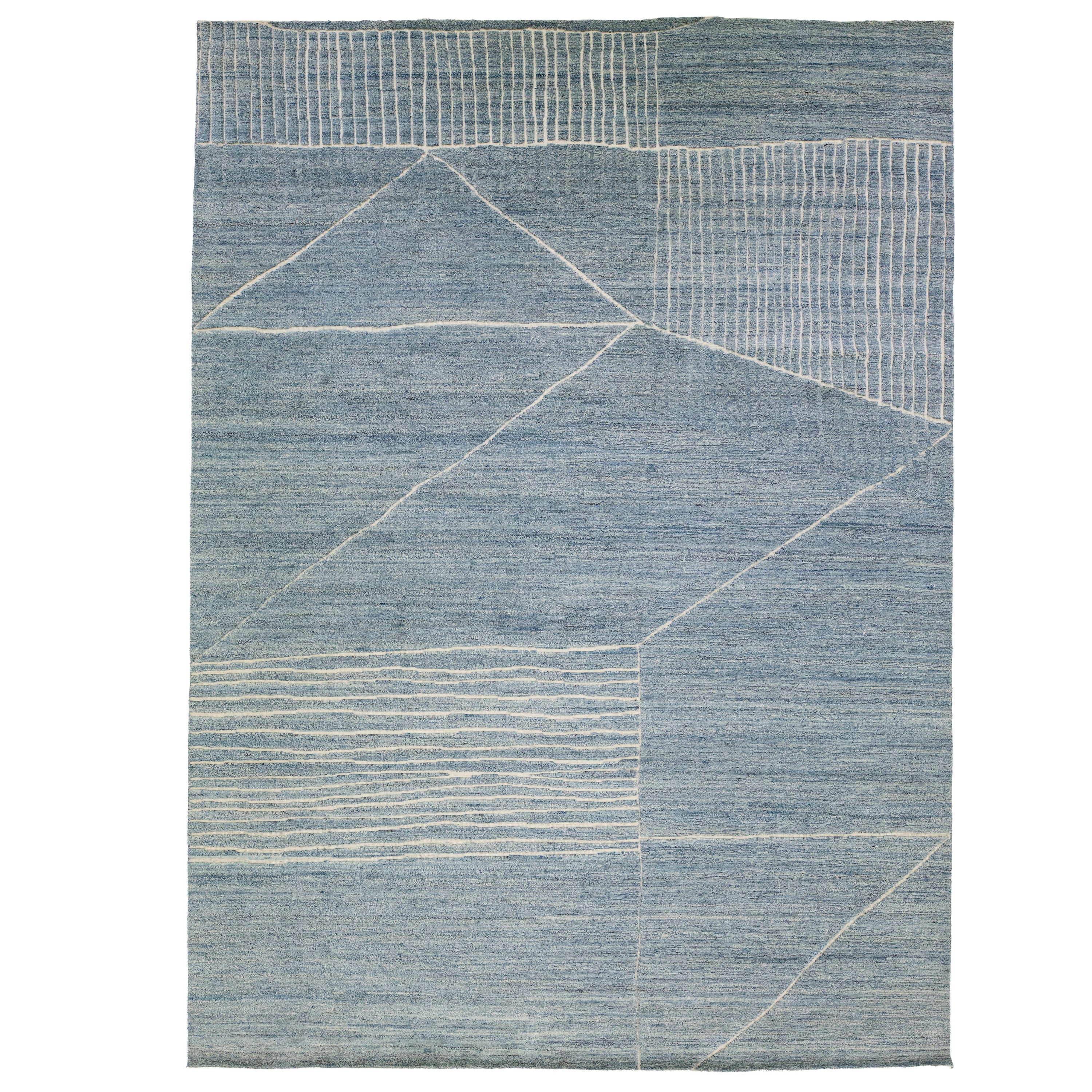 Tappeto di lana in stile marocchino fatto a mano con campo geometrico blu di Apadana