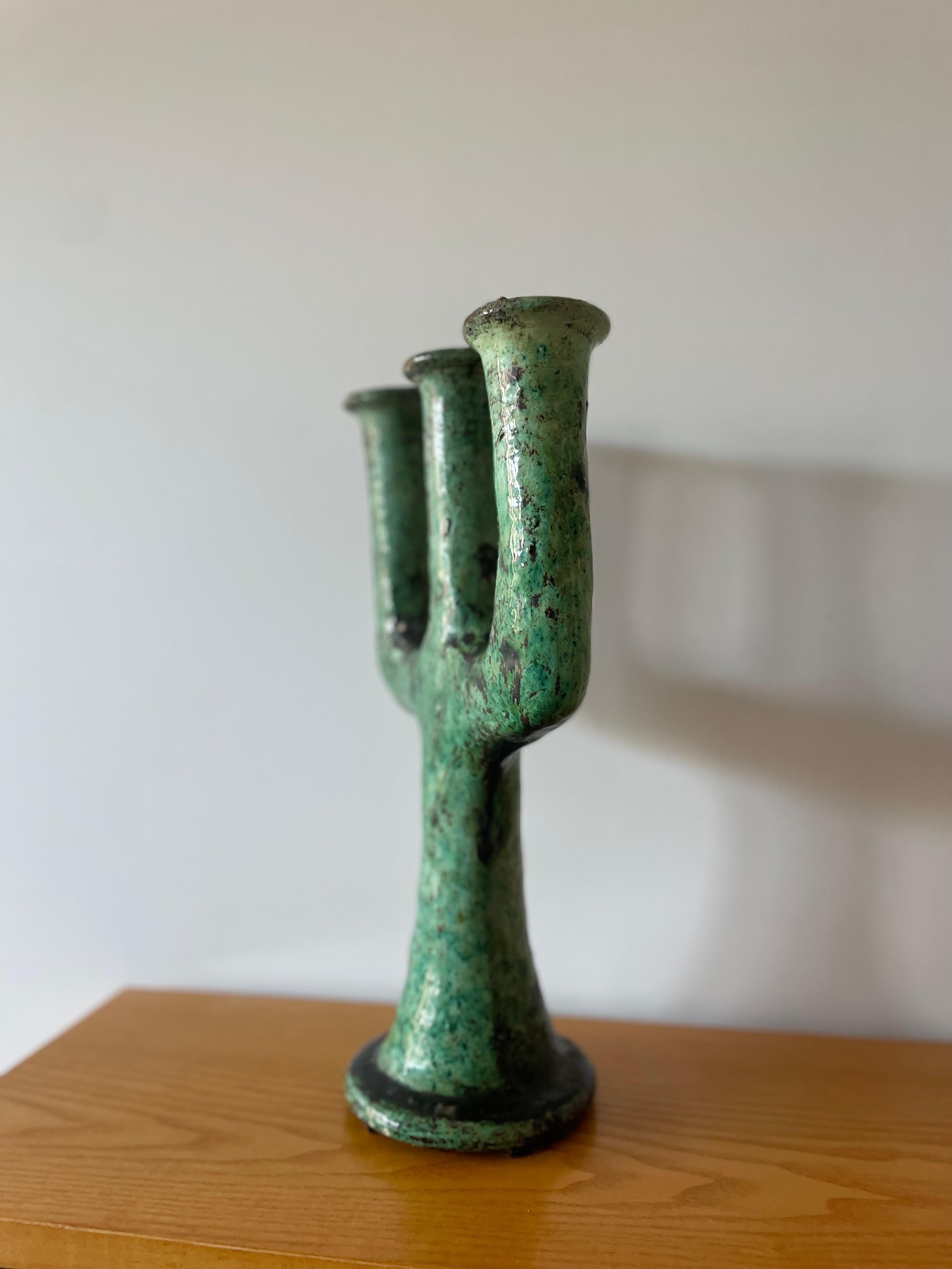 Moroccan Tamegroute Ceramic Candlestick in the style of Giacometti For Sale 5