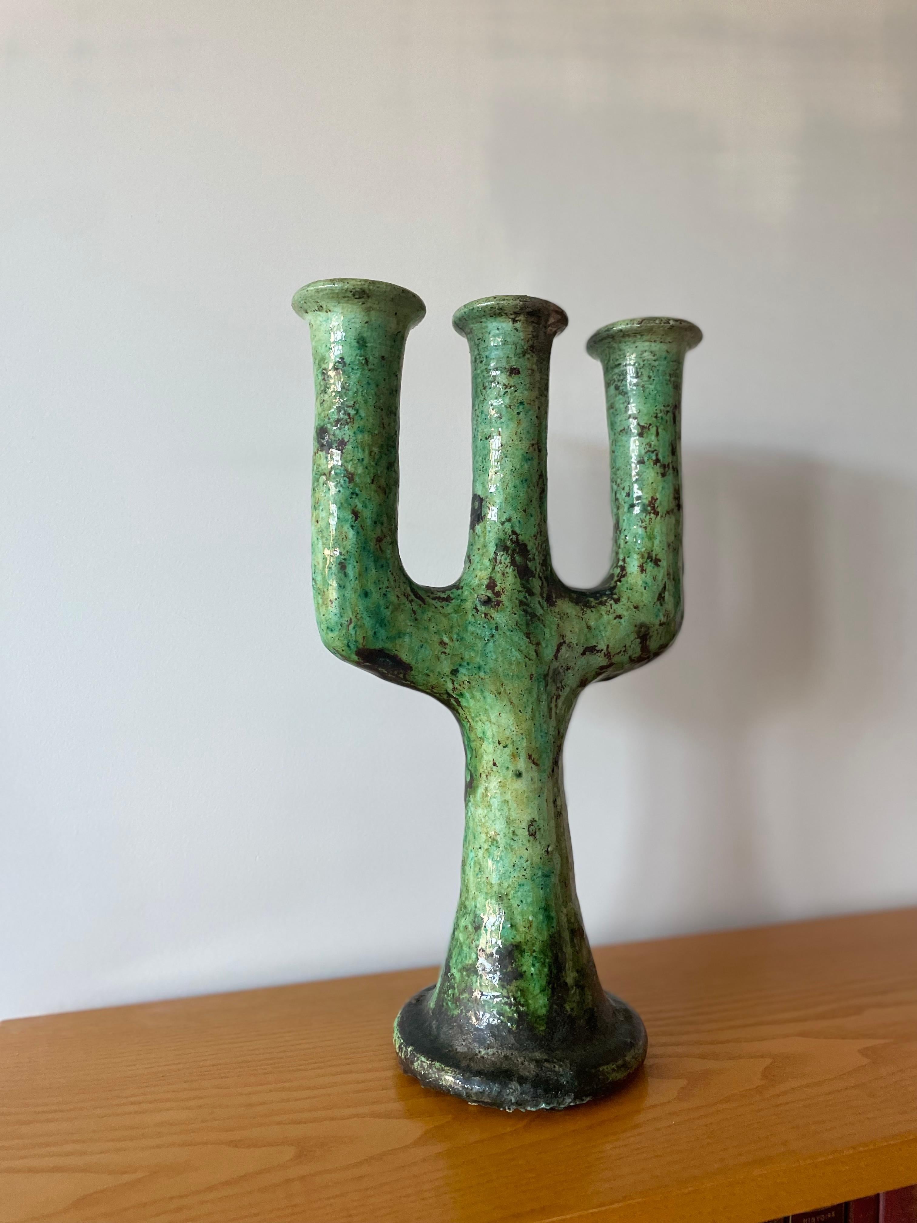 Moroccan Tamegroute Ceramic Candlestick in the style of Giacometti For Sale 9
