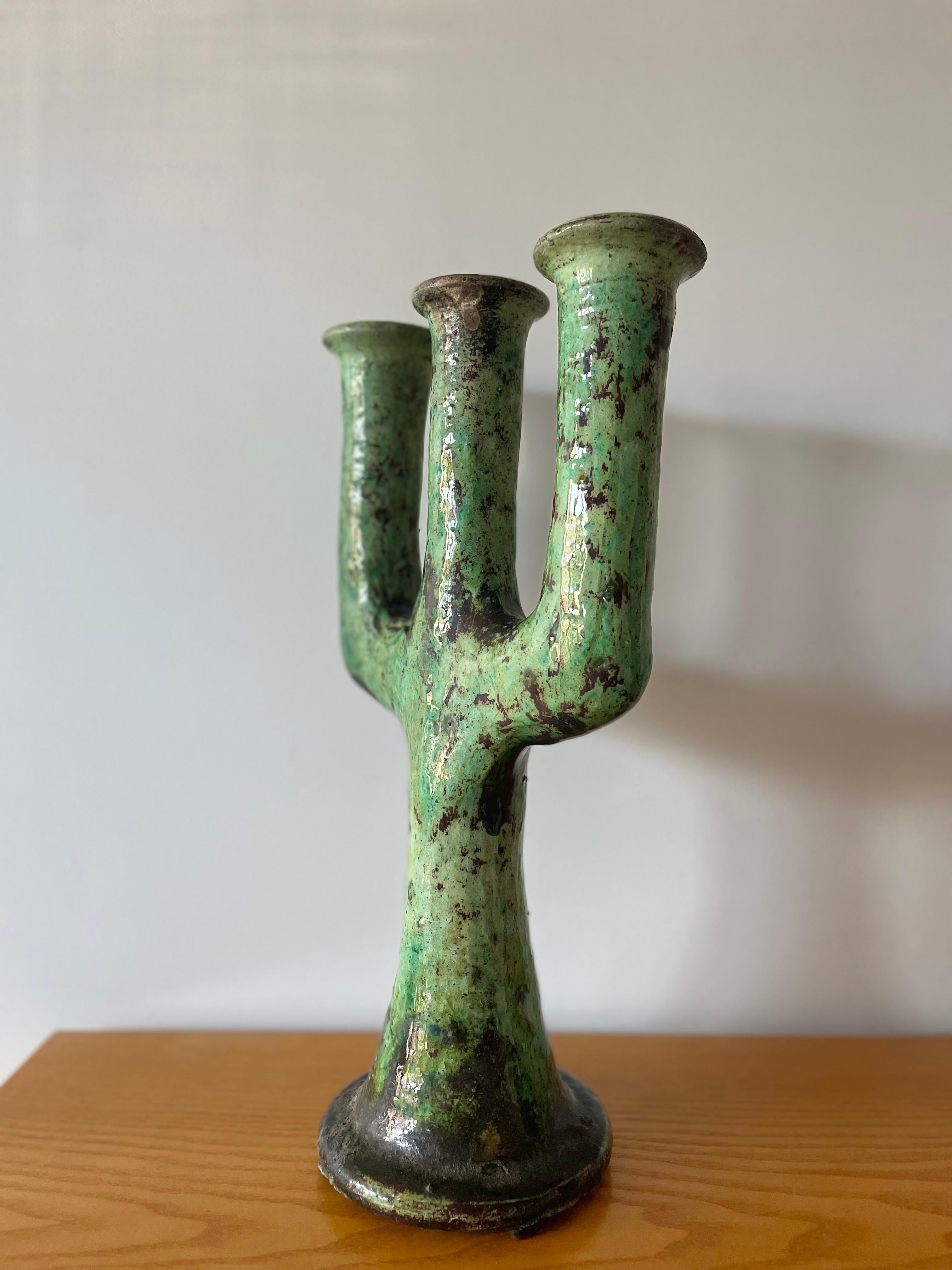 Moroccan Tamegroute Ceramic Candlestick in the style of Giacometti For Sale 11