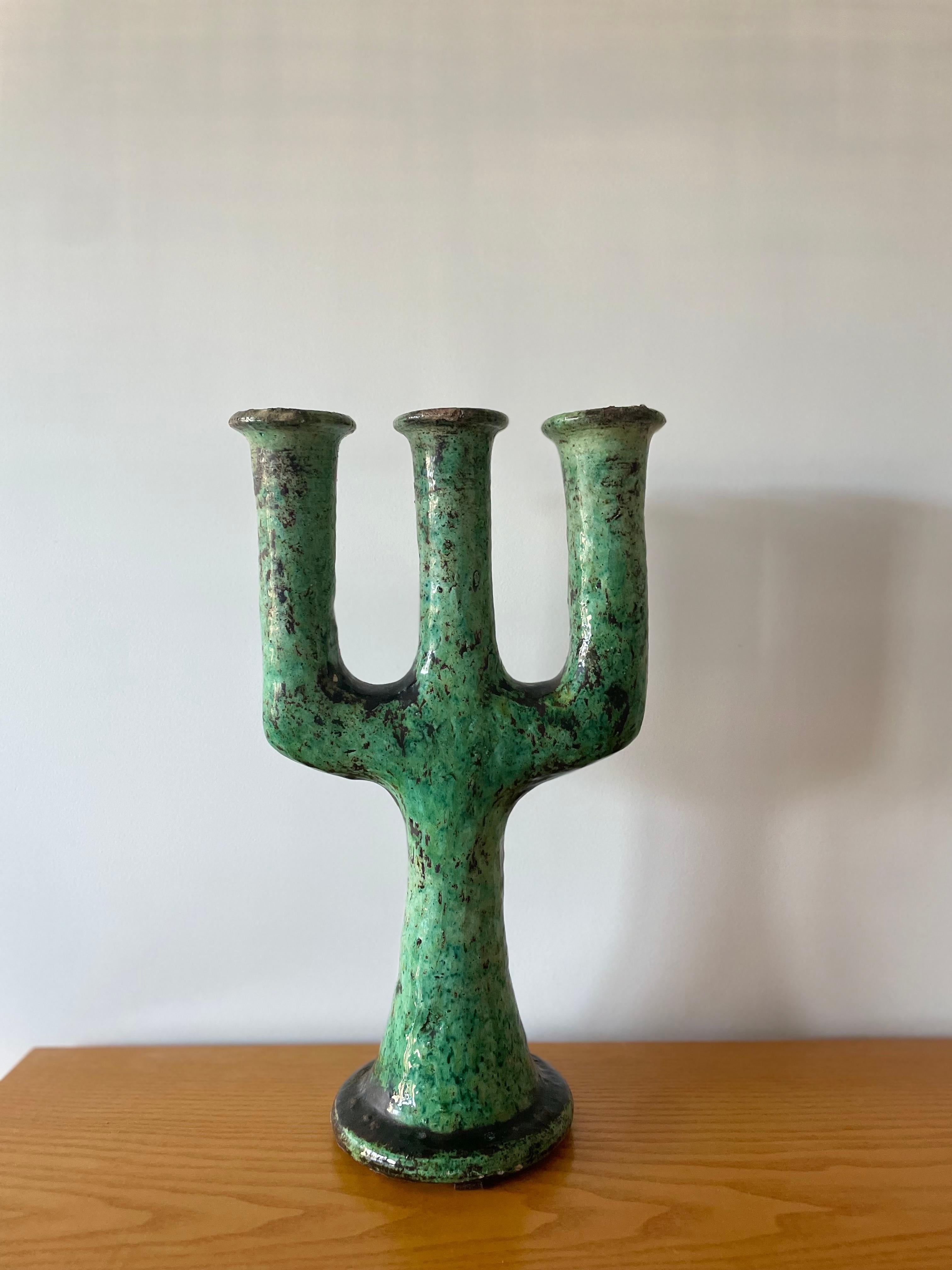 Mid-20th Century Moroccan Tamegroute Ceramic Candlestick in the style of Giacometti For Sale