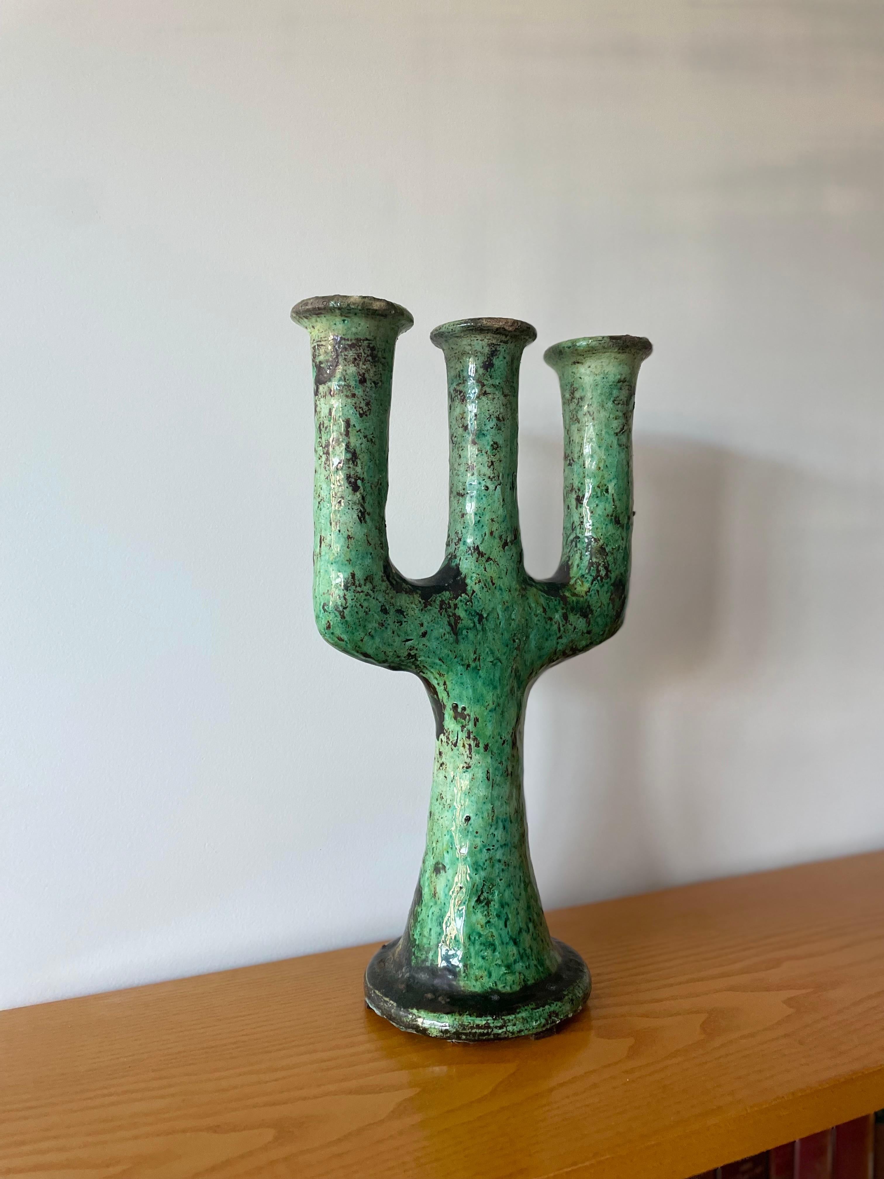 Moroccan Tamegroute Ceramic Candlestick in the style of Giacometti For Sale 1