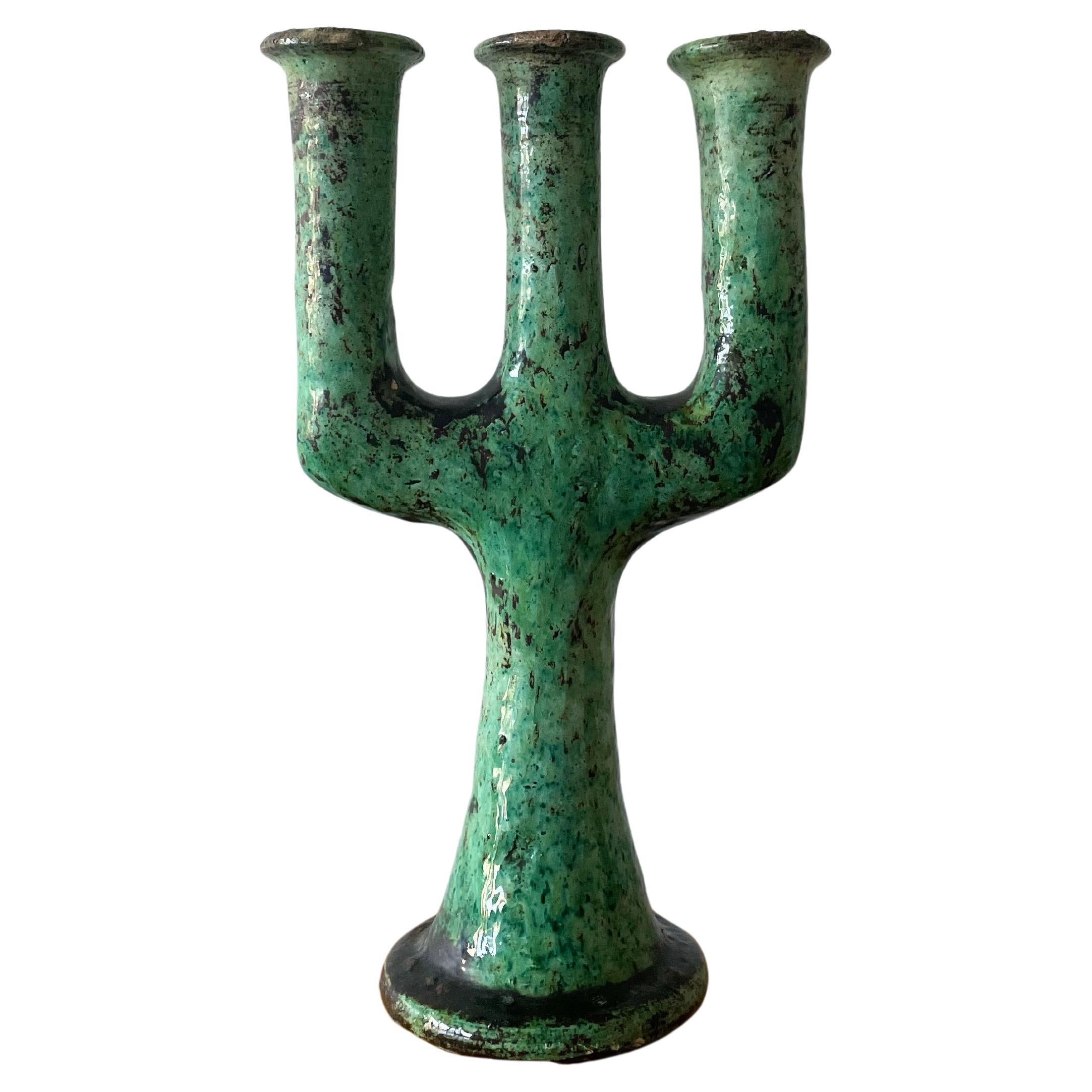 Moroccan Tamegroute Ceramic Candlestick in the style of Giacometti
