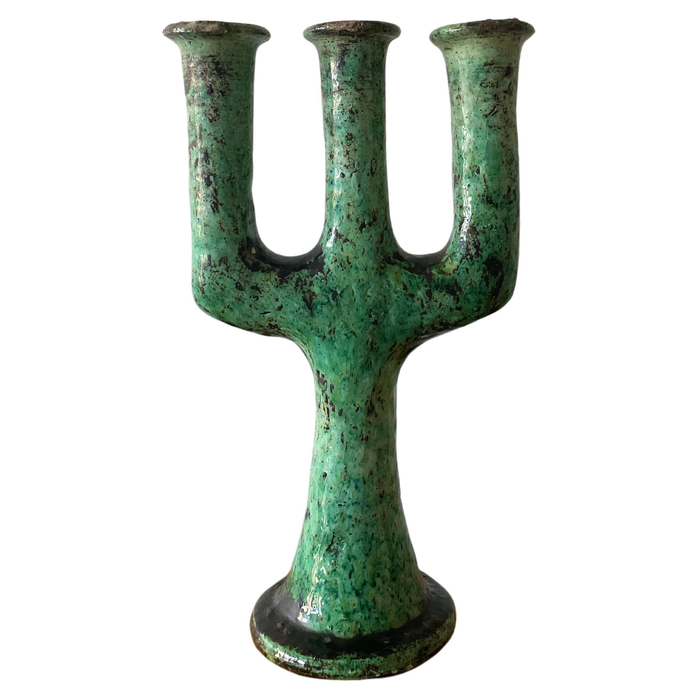 Moroccan Tamegroute Ceramic Candlestick in the style of Giacometti For Sale