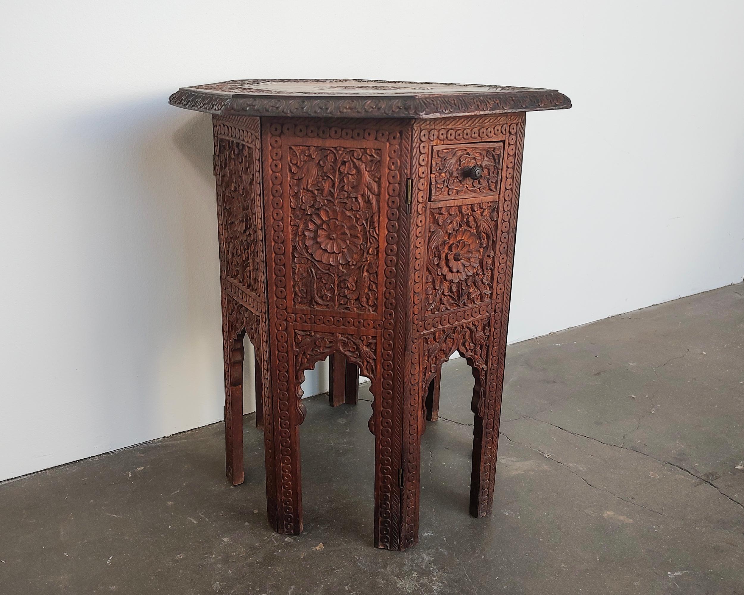 Islamic Moroccan Teak Octagon Carved Side Accent Table