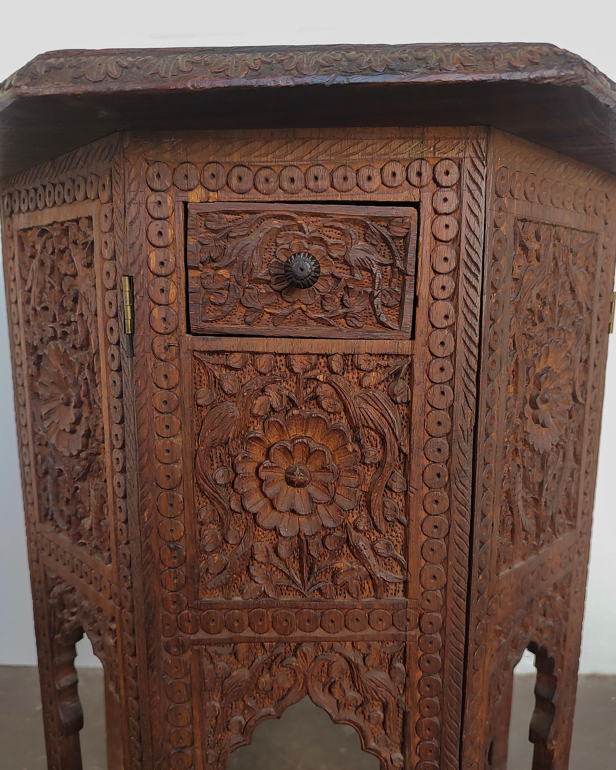 Moroccan Teak Octagon Carved Side Accent Table In Good Condition In Hawthorne, CA