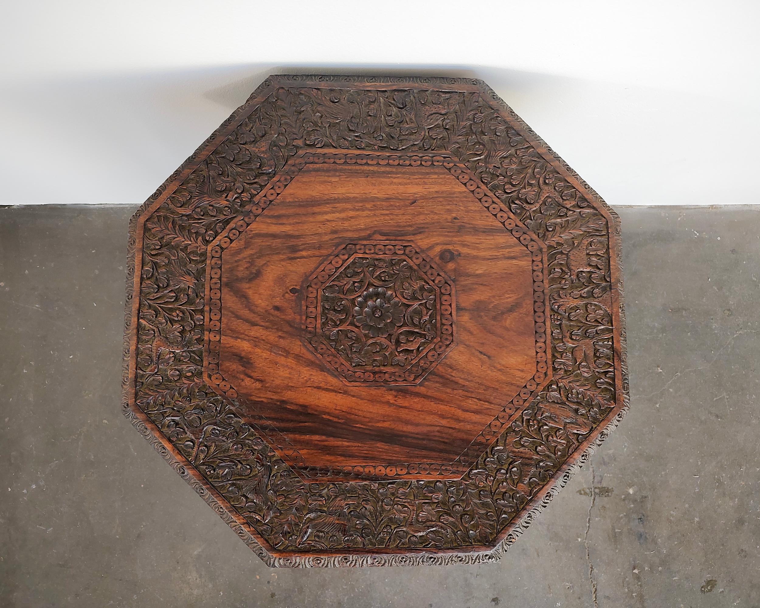 20th Century Moroccan Teak Octagon Carved Side Accent Table