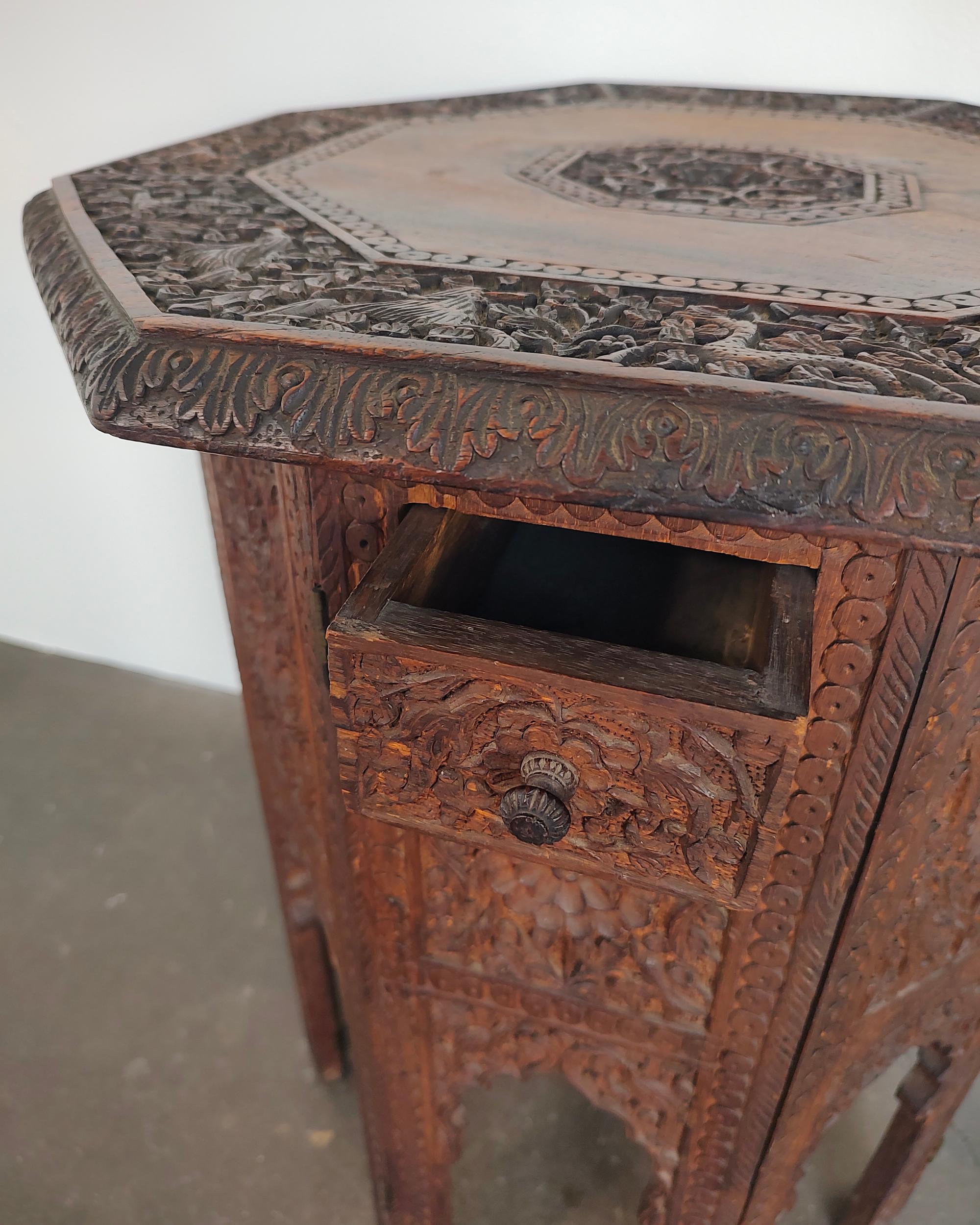 Moroccan Teak Octagon Carved Side Accent Table 1
