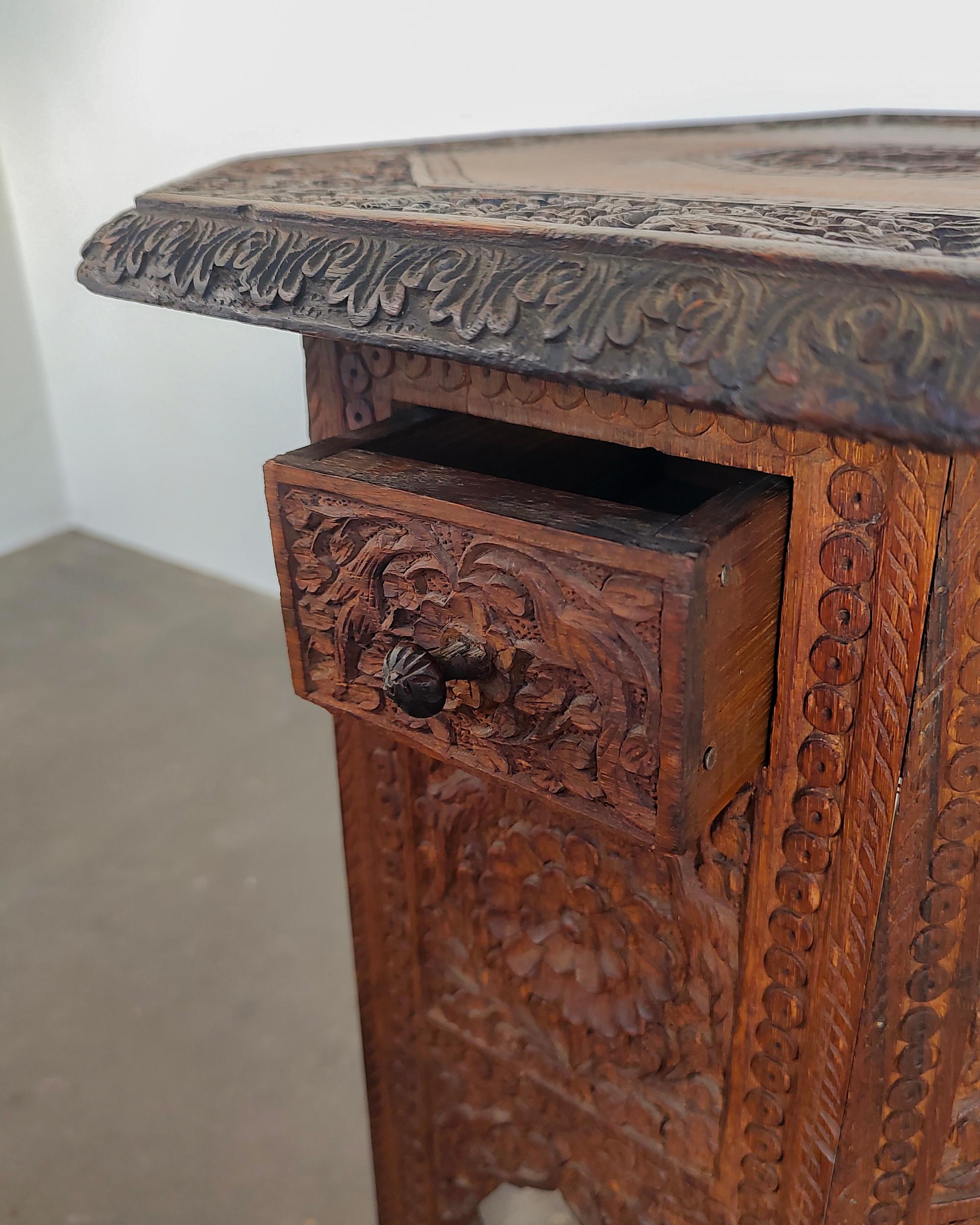 Moroccan Teak Octagon Carved Side Accent Table 2