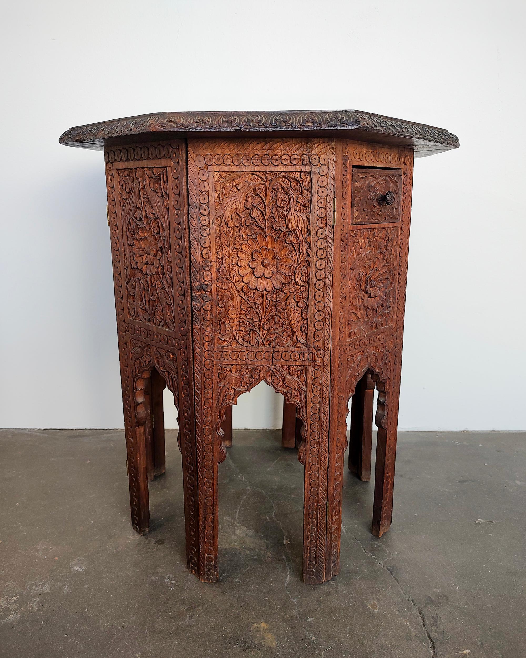 Moroccan Teak Octagon Carved Side Accent Table 4