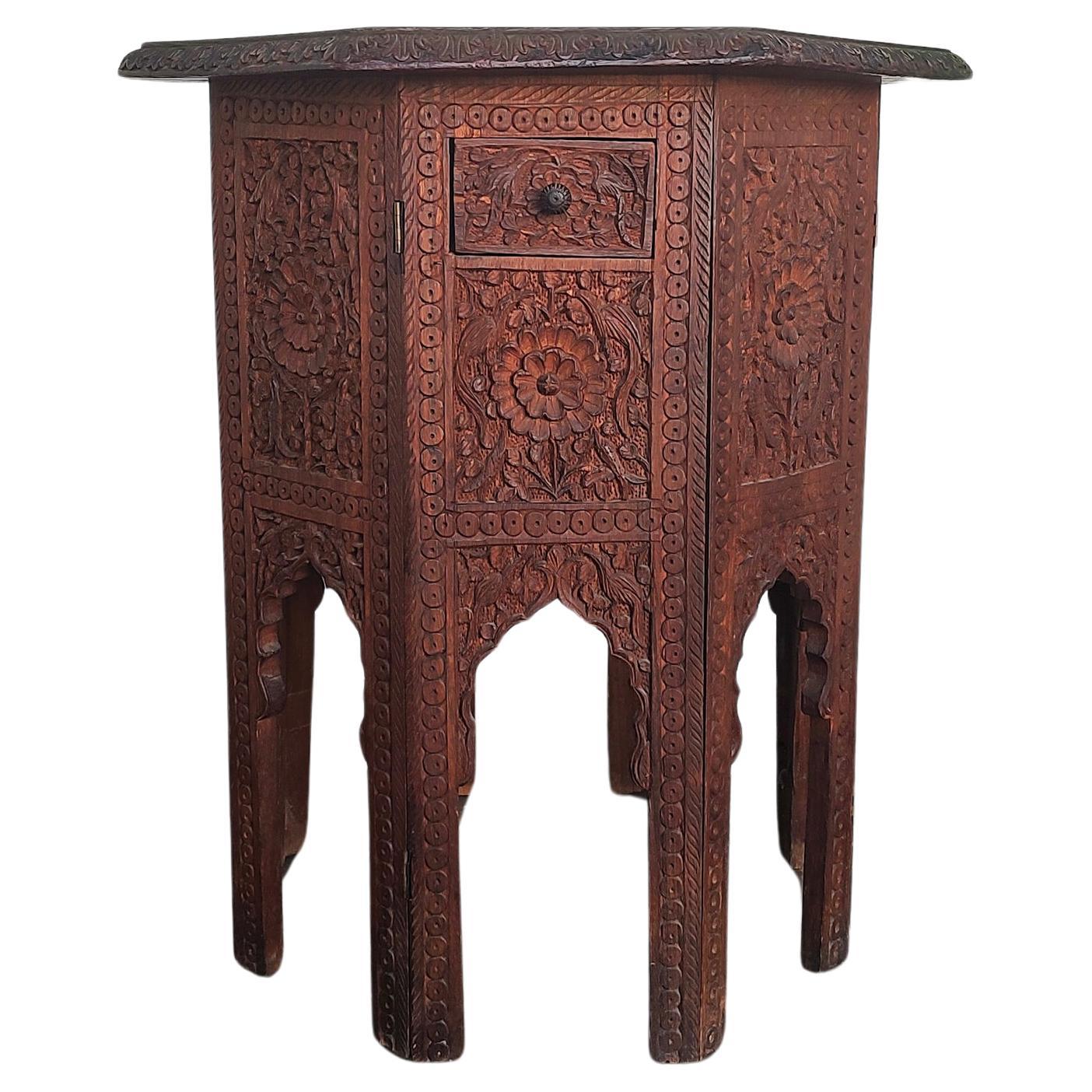 Moroccan Teak Octagon Carved Side Accent Table