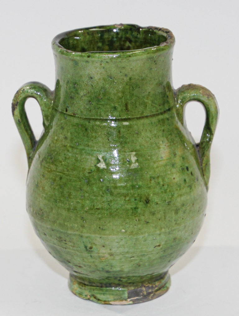 Moorish Moroccan Tribal Green Glazed Terracotta Ceramic Jar For Sale