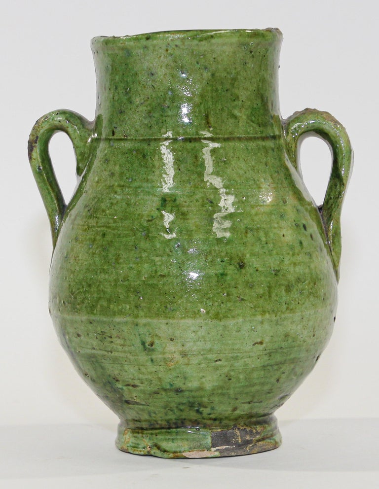 Hand-Crafted Moroccan Tribal Green Glazed Terracotta Ceramic Jar For Sale