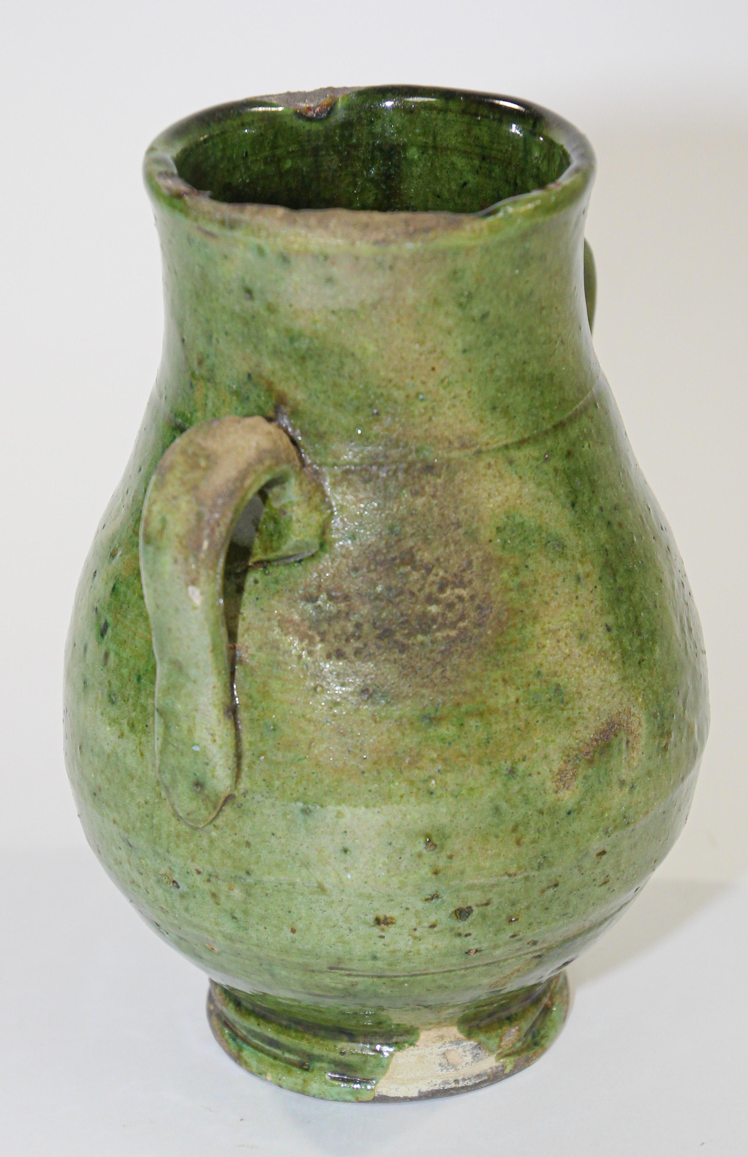 Moroccan Tribal Green Glazed Terracotta Ceramic Jar In Good Condition In North Hollywood, CA